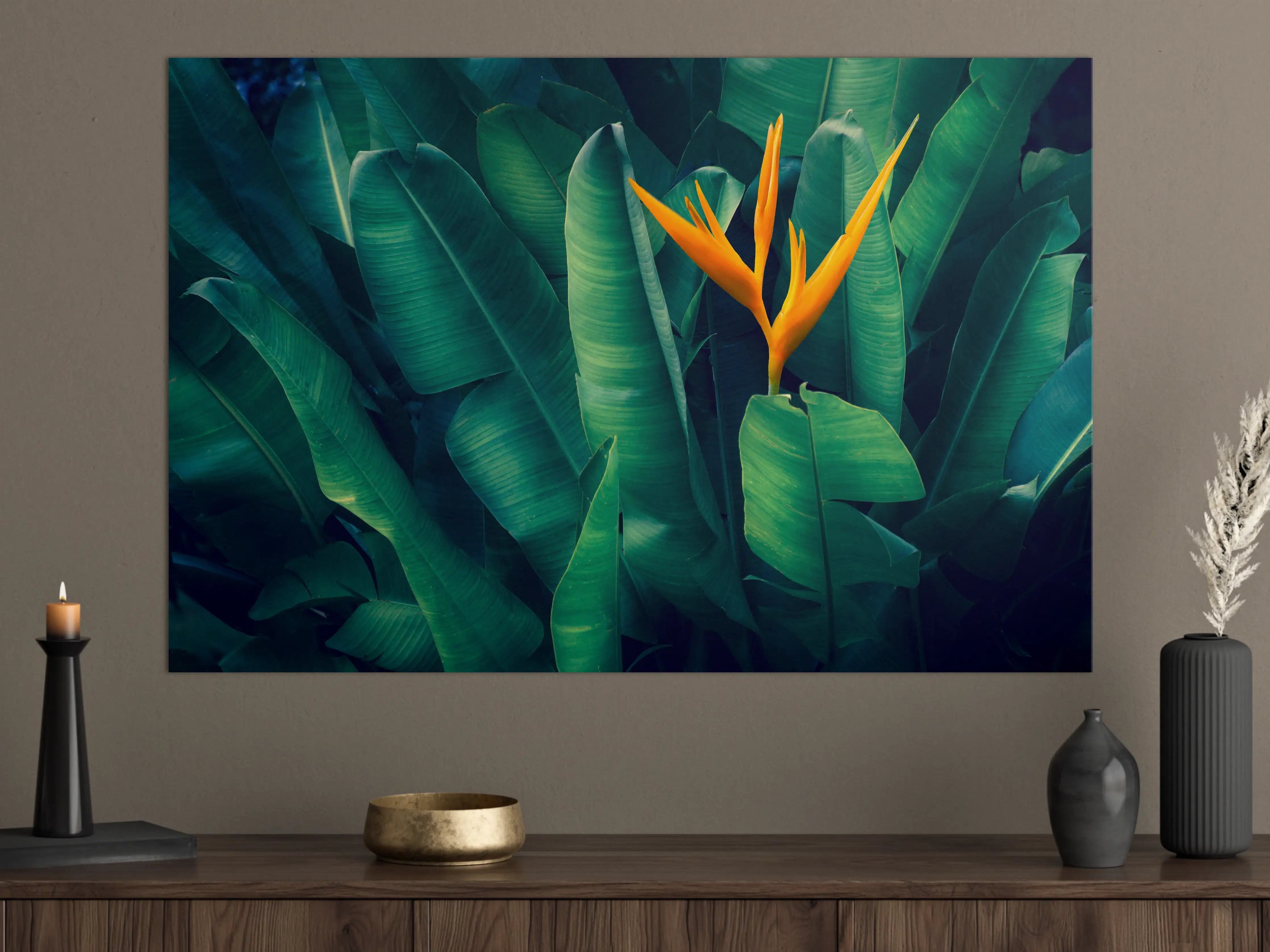 Große Wandbilder - Tropische Blätter mit orangefarbiger Blume