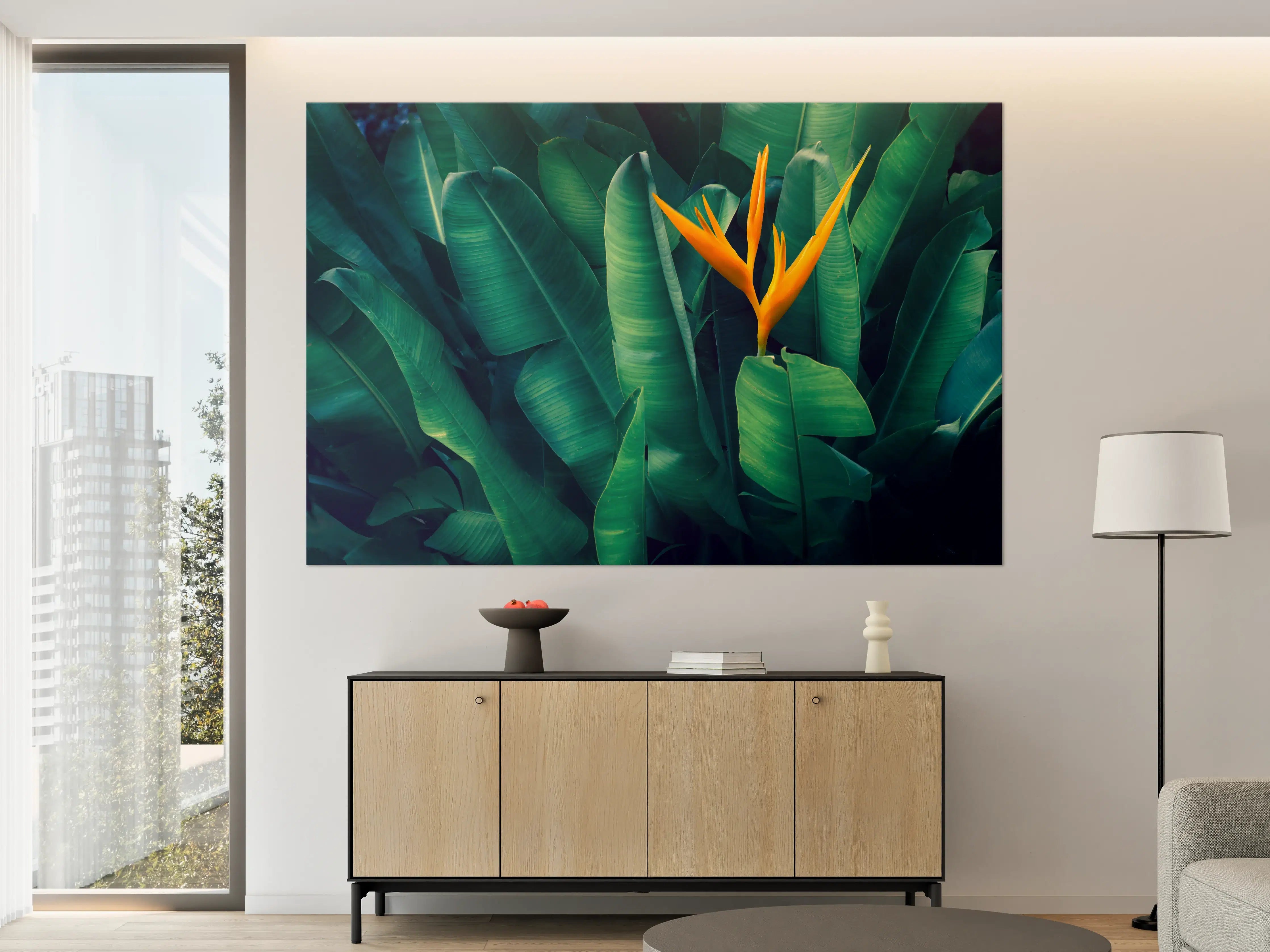 Große Wandbilder - Tropische Blätter mit orangefarbiger Blume