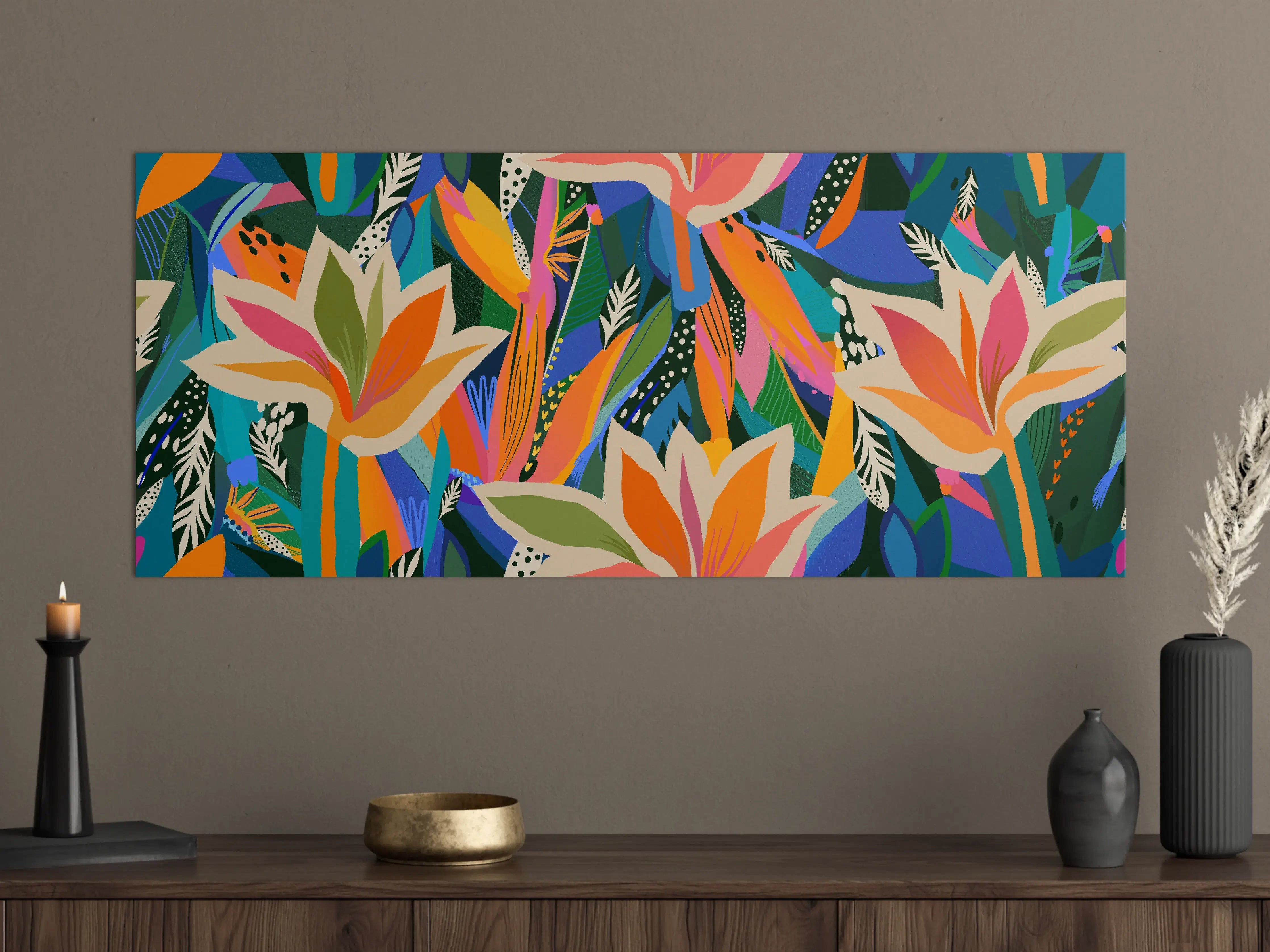 Große Wandbilder - Tropische Blüten Blau-Orange-Grün