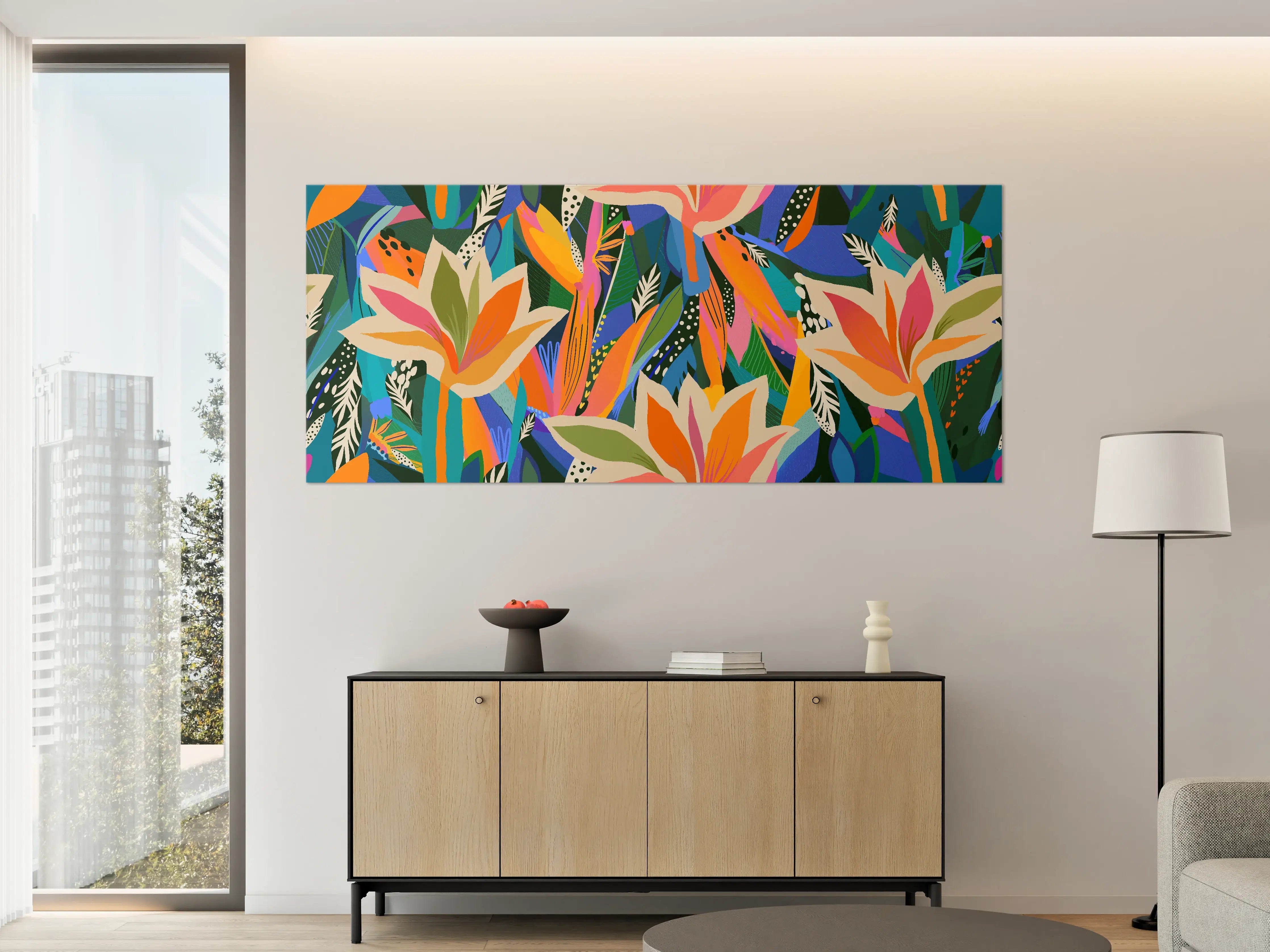 Große Wandbilder - Tropische Blüten Blau-Orange-Grün