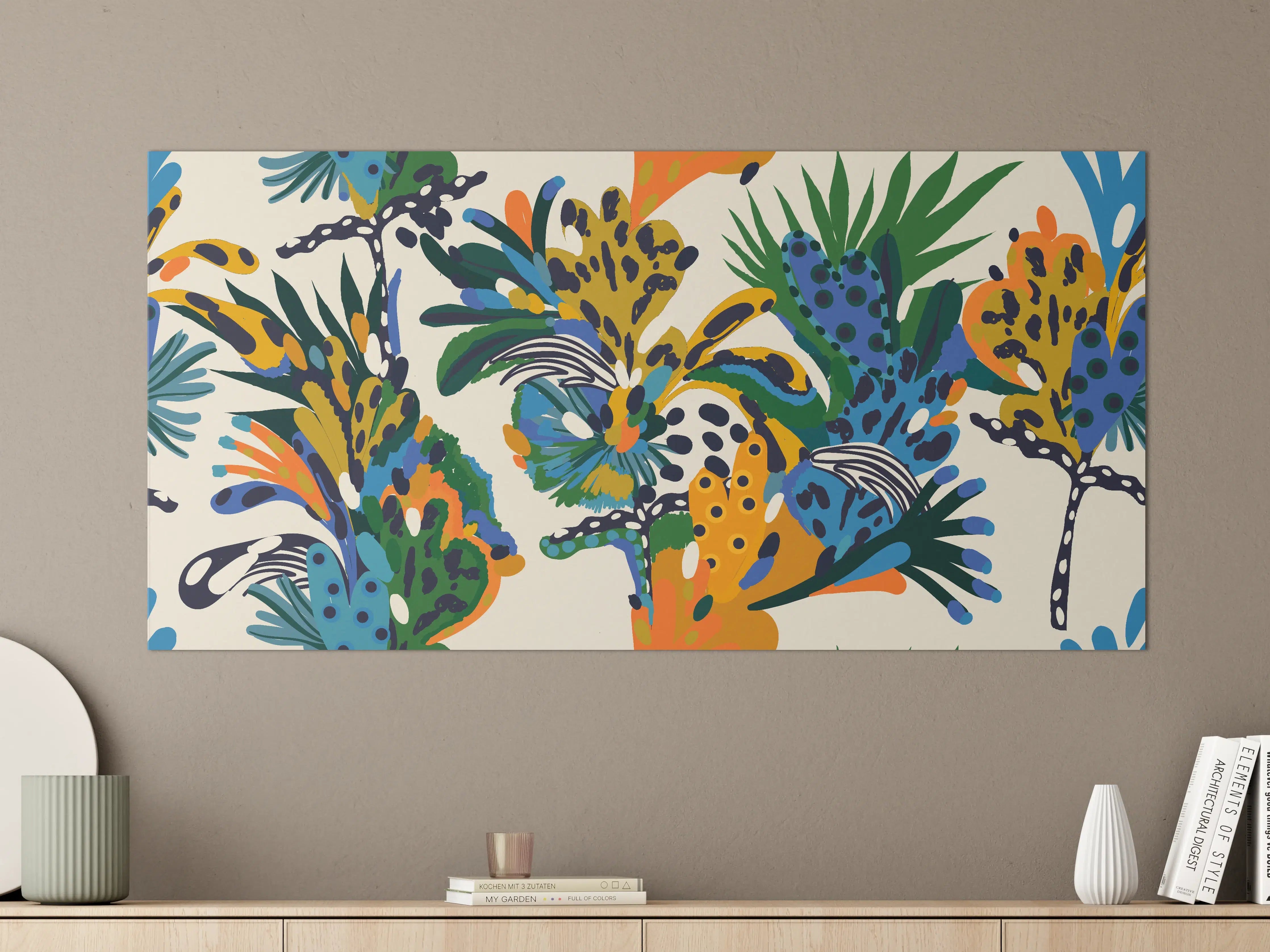 Große Wandbilder - Tropische Blumen Blau Grün Orange