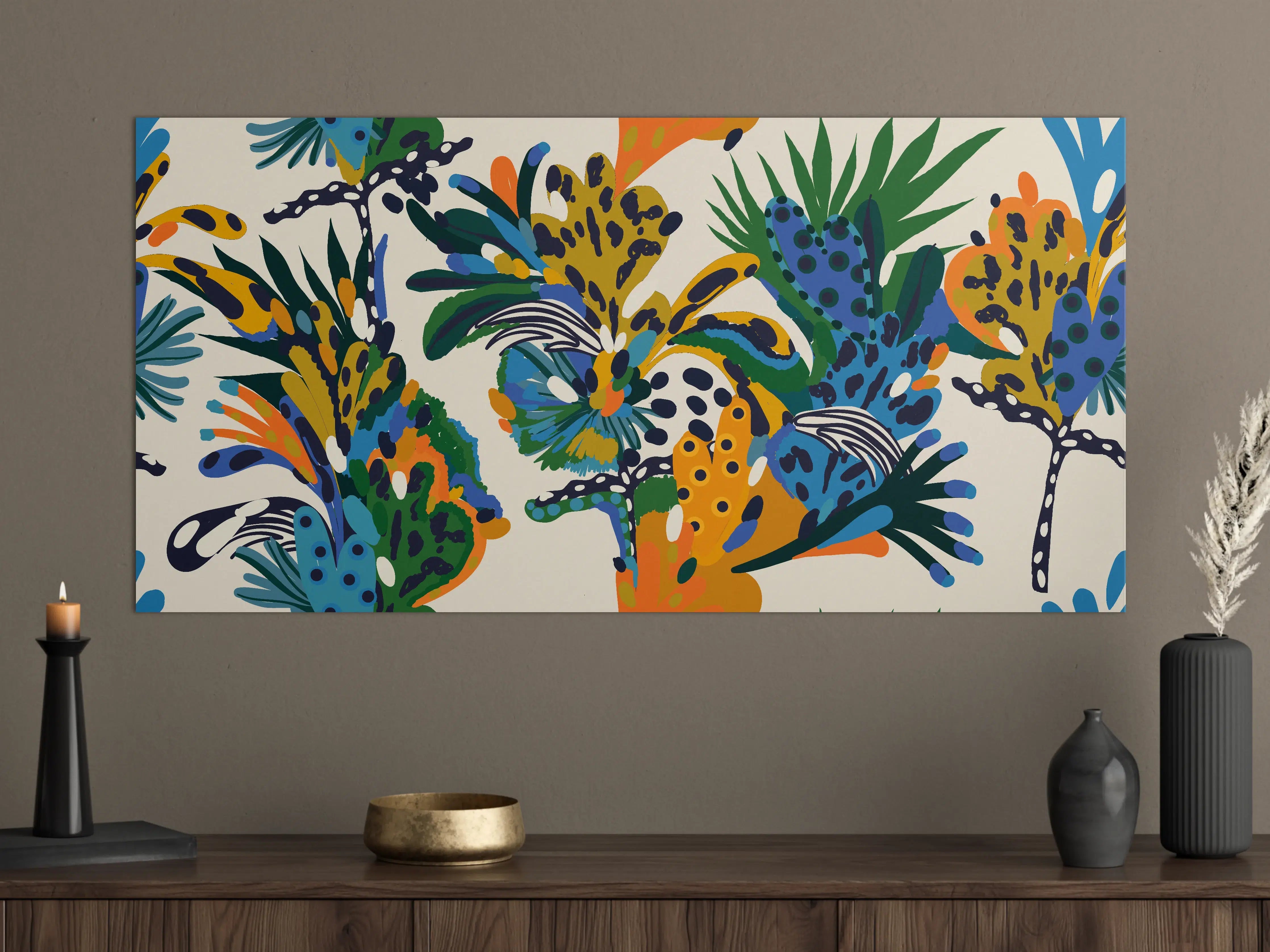 Große Wandbilder - Tropische Blumen Blau Grün Orange