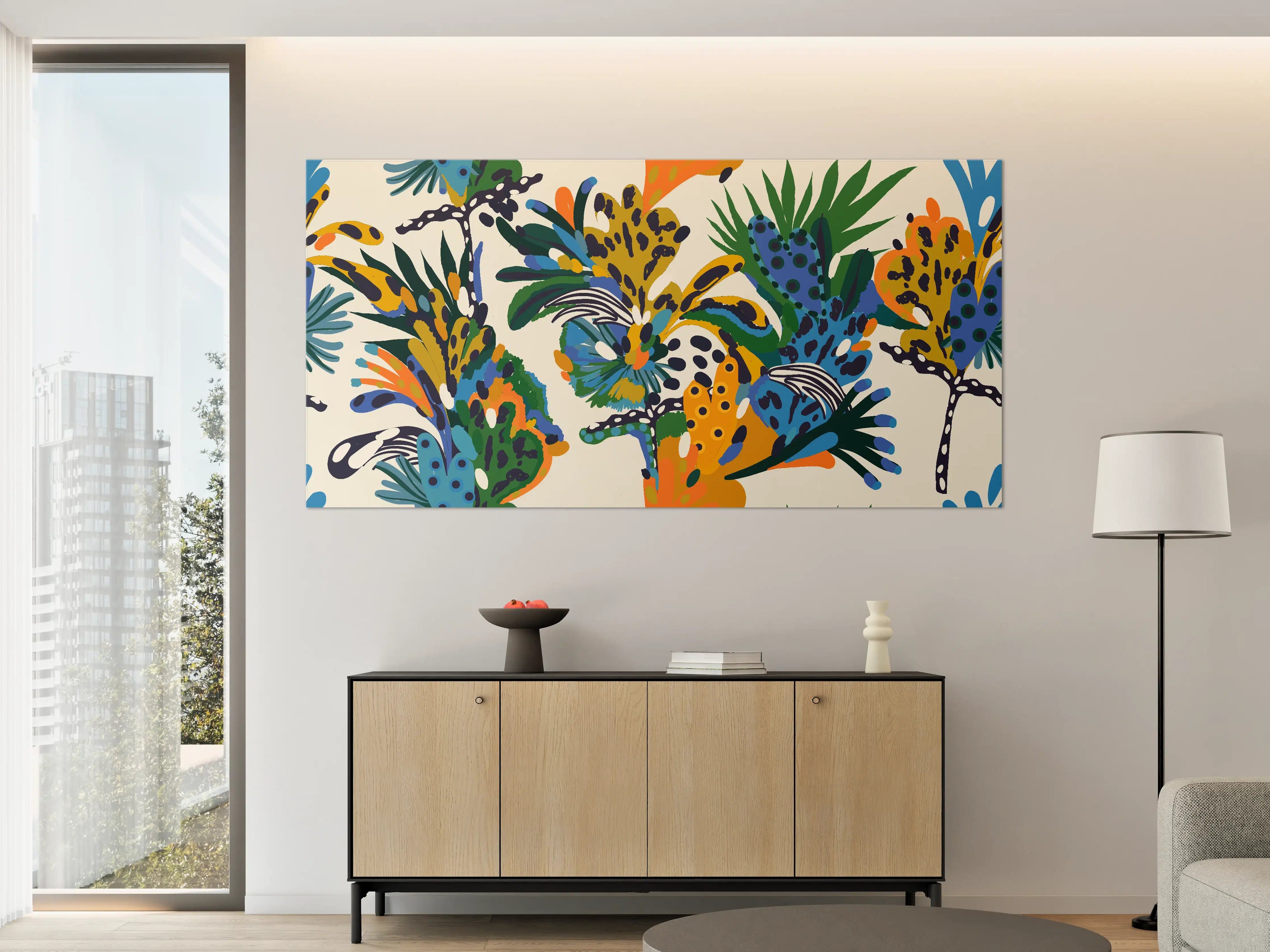 Große Wandbilder - Tropische Blumen Blau Grün Orange