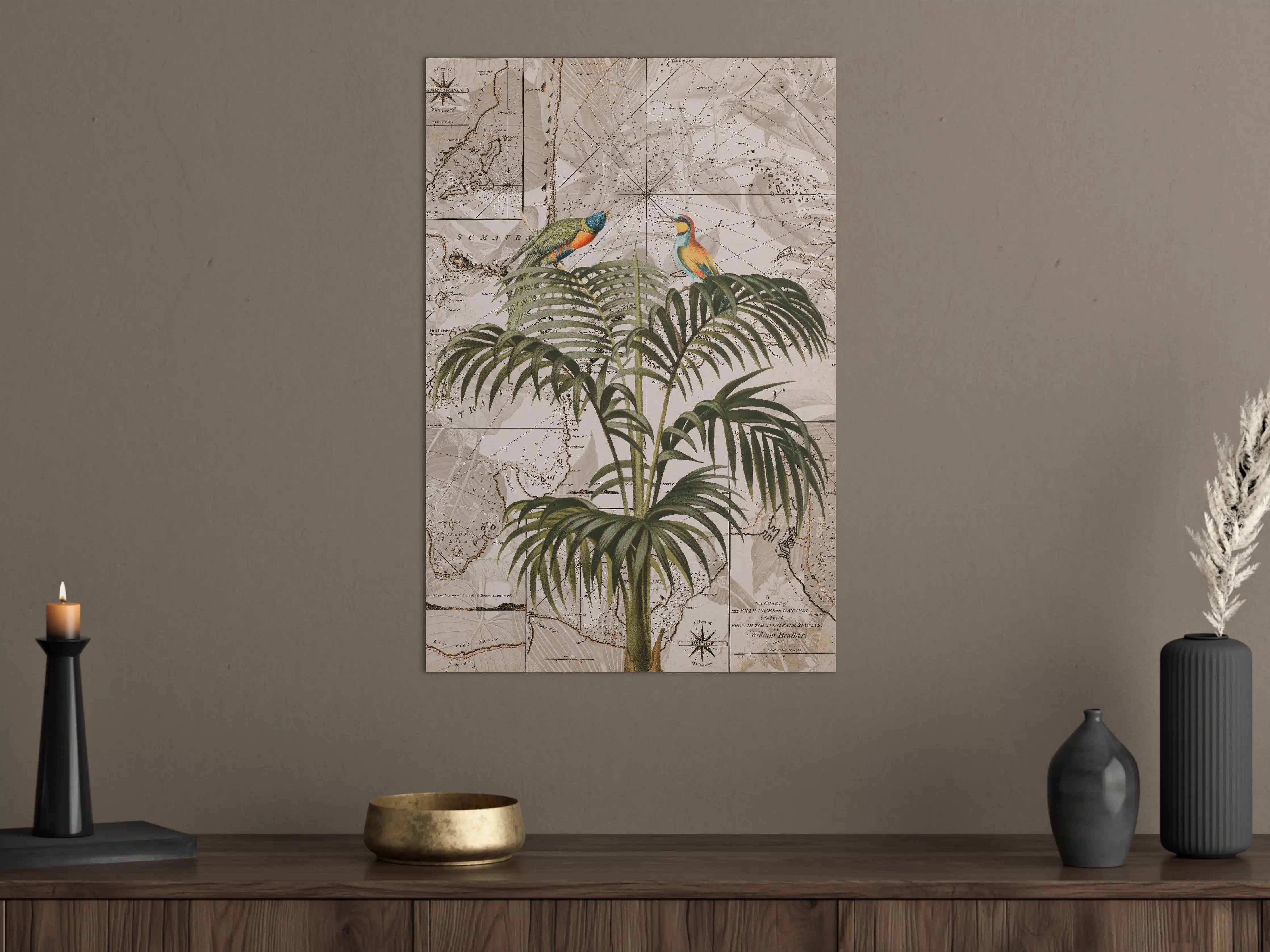Große Wandbilder - Tropische Vogel- und Pflanzenillustration mit antiker Seekarte