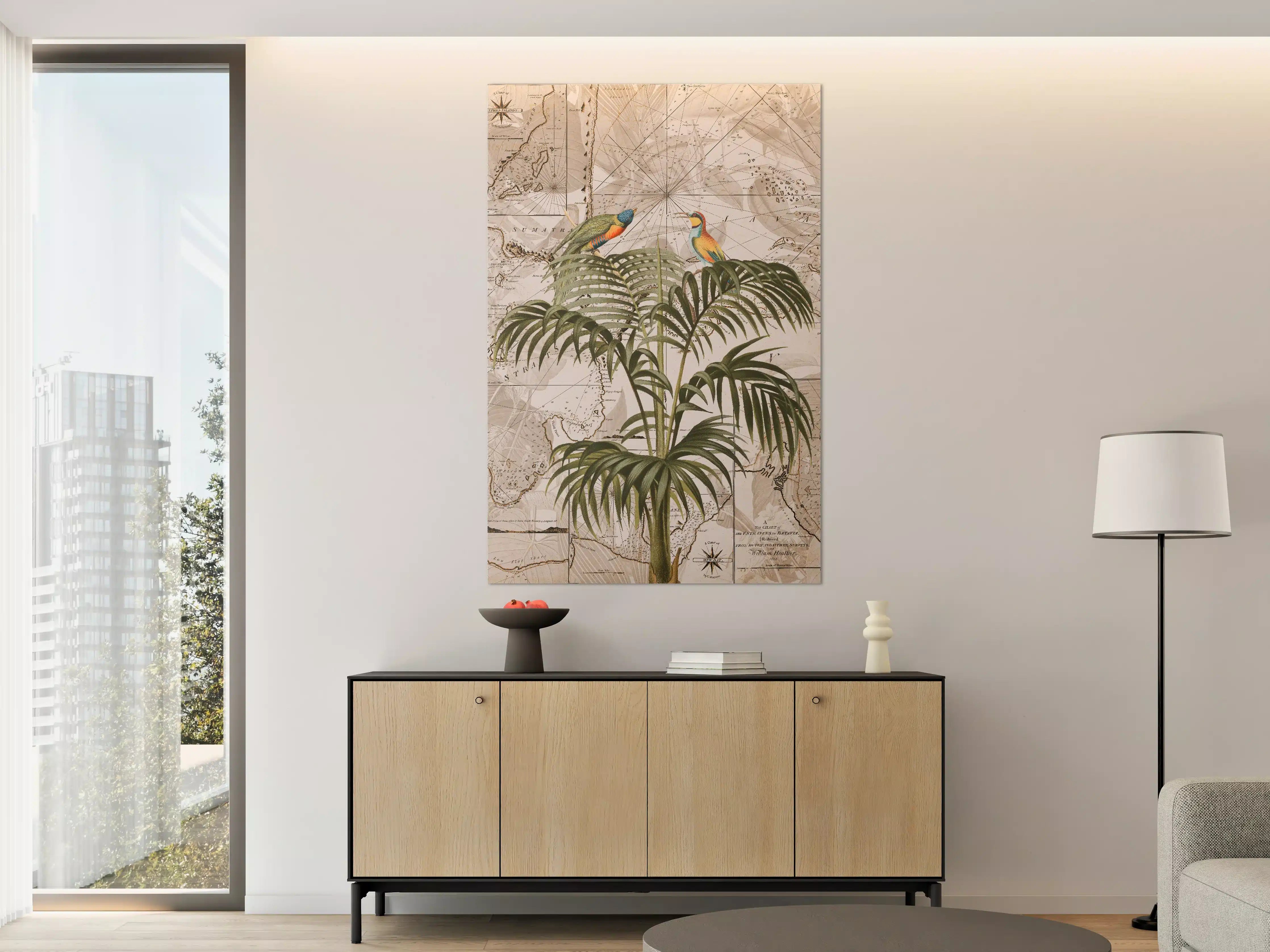 Große Wandbilder - Tropische Vogel- und Pflanzenillustration mit antiker Seekarte