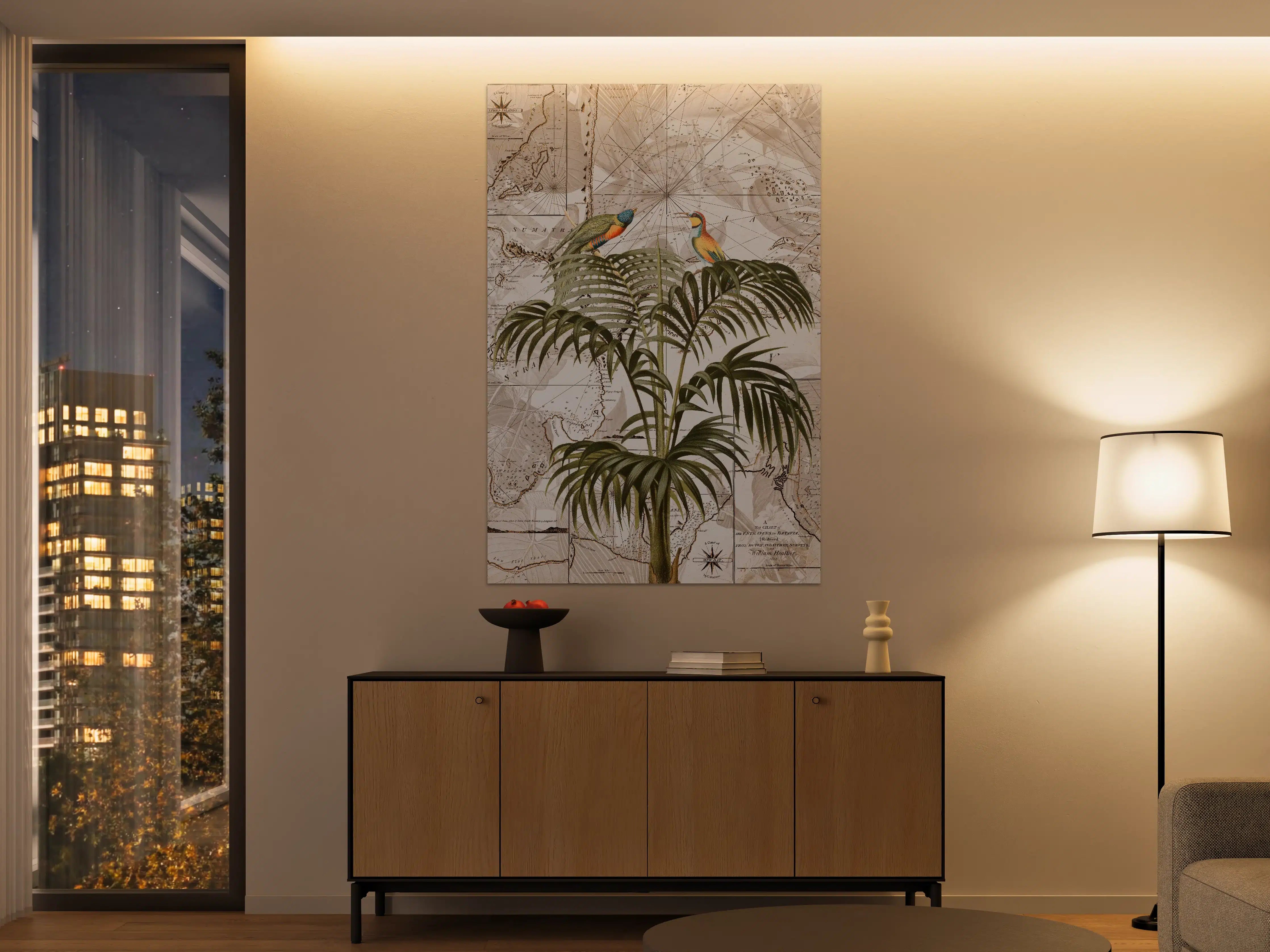 Große Wandbilder - Tropische Vogel- und Pflanzenillustration mit antiker Seekarte