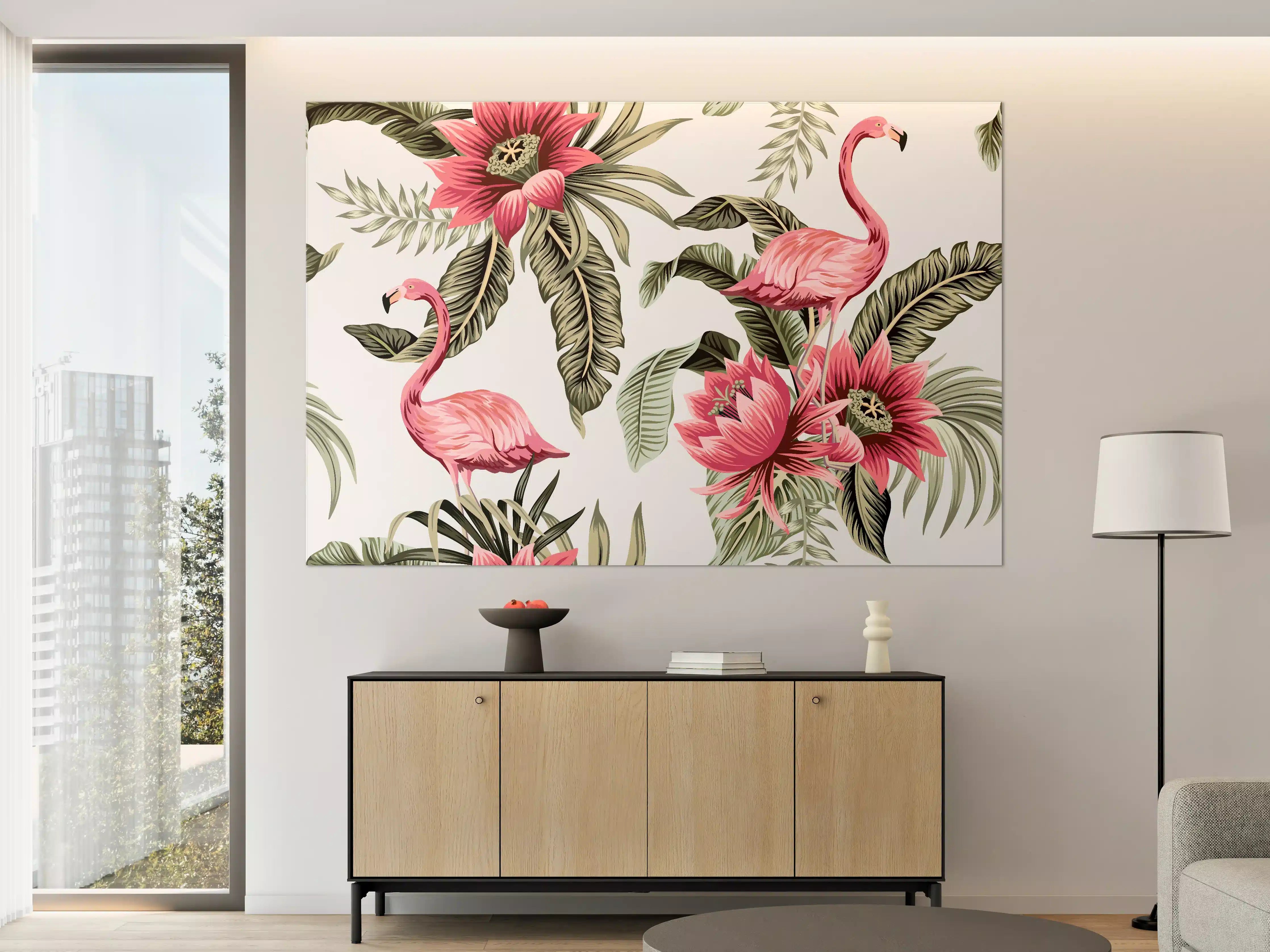 Große Wandbilder - Tropischer Flamingo-Blumen-Print