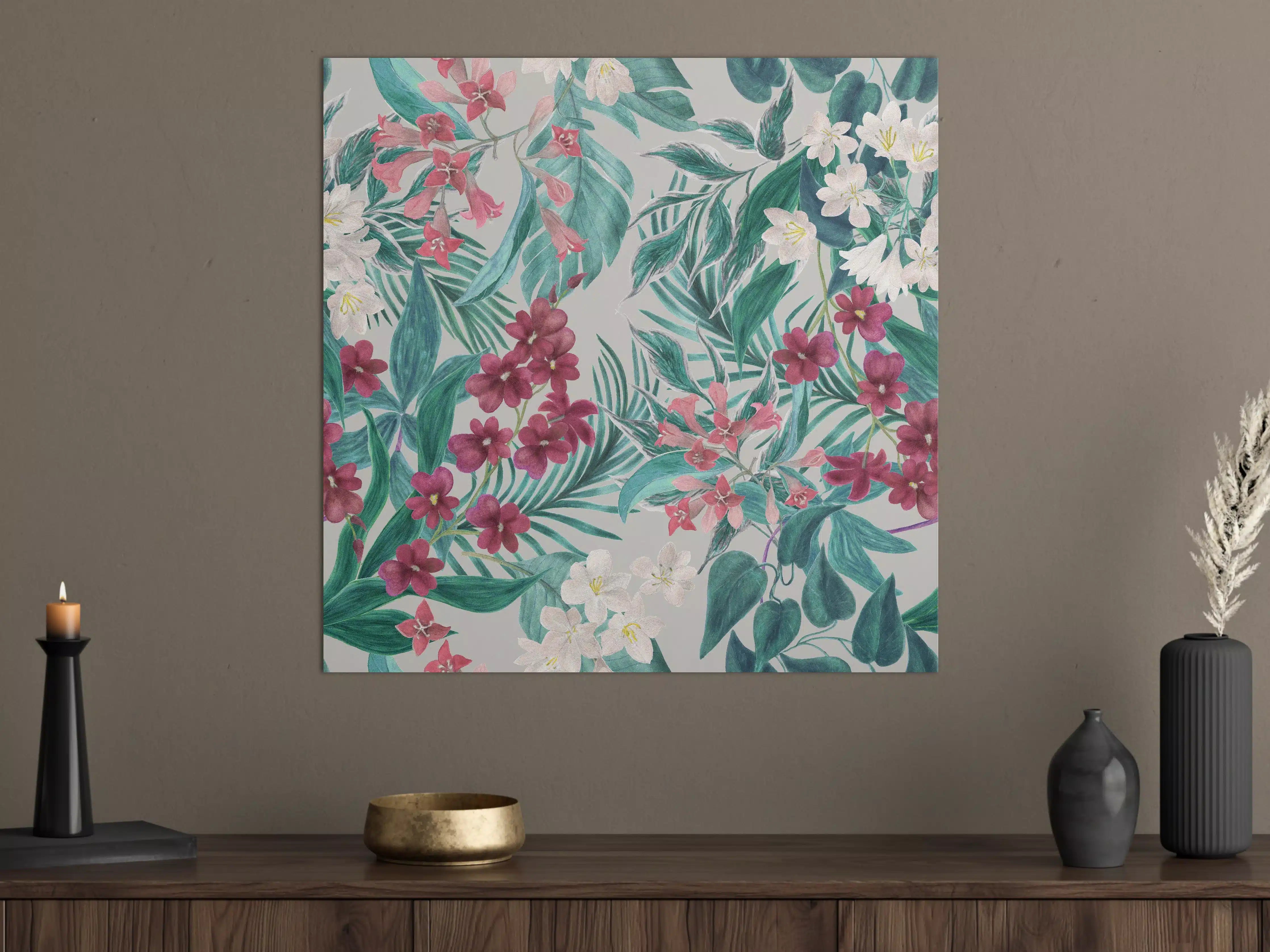 Große Wandbilder - Tropisches Blumenmuster Rosa-Grau