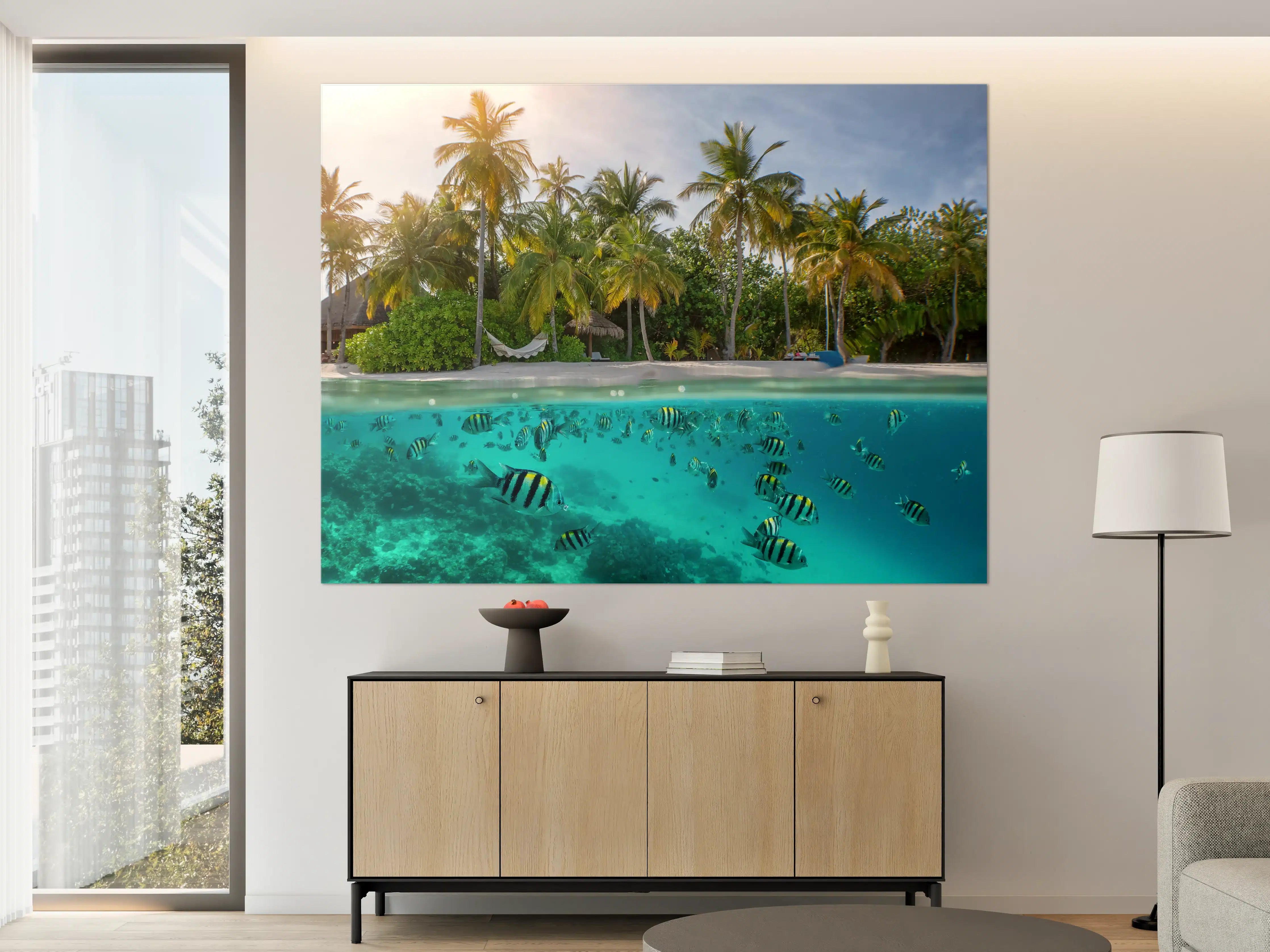 Große Wandbilder - Über- und Unterwasserblick auf tropischen Strand