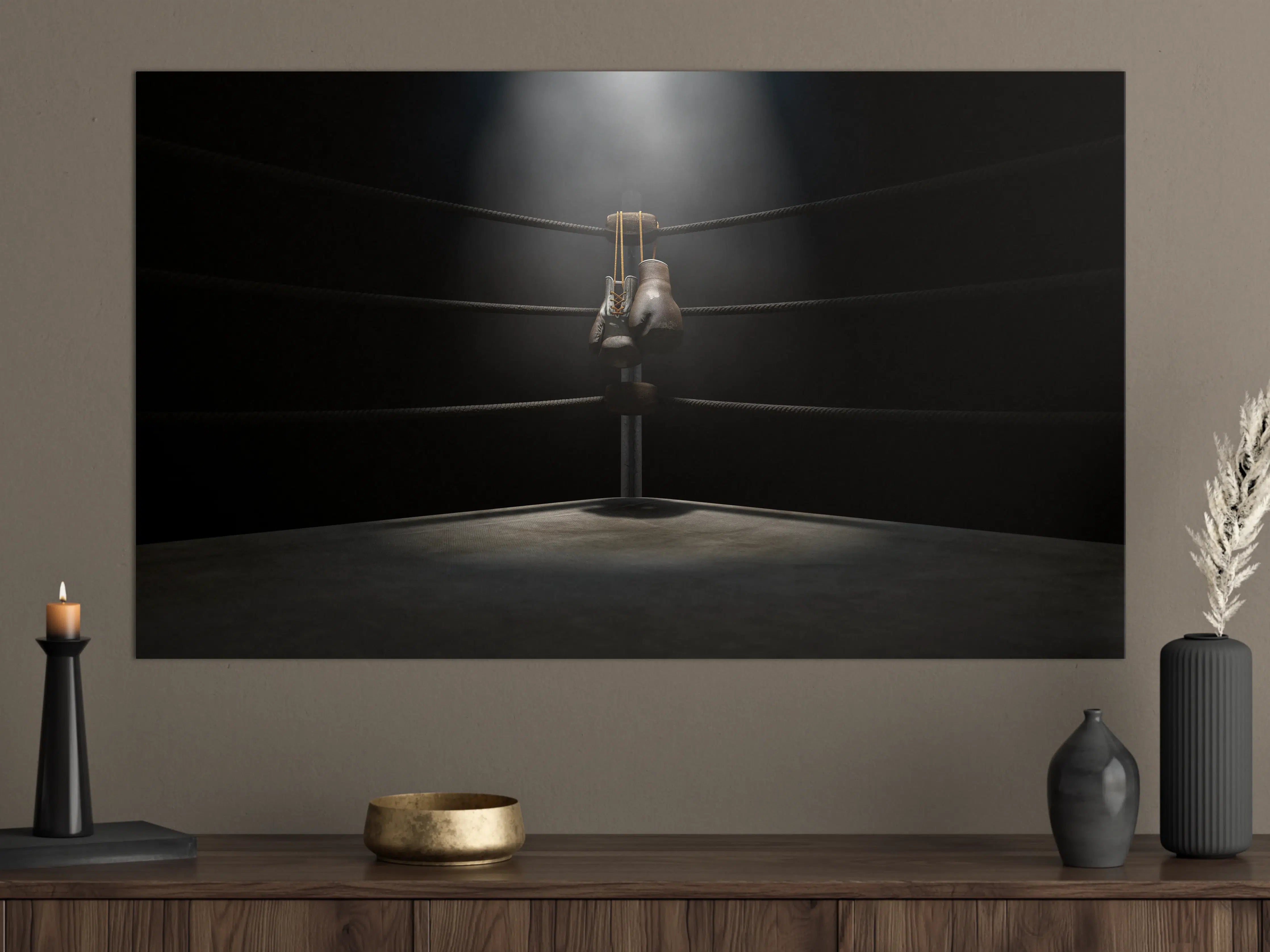 Große Wandbilder - Verlassener Boxring mit Boxing Gloves im Spotlight