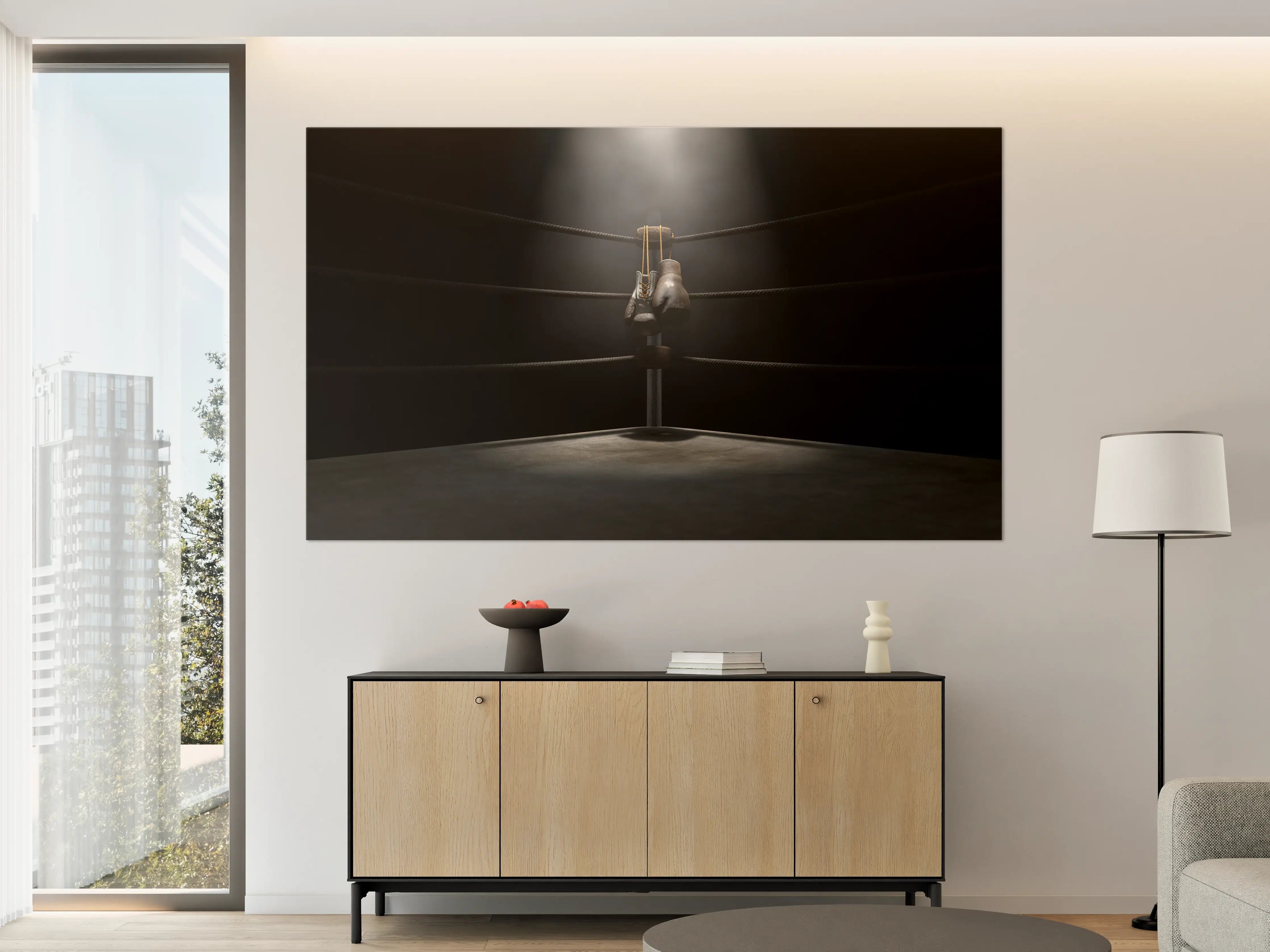 Große Wandbilder - Verlassener Boxring mit Boxing Gloves im Spotlight