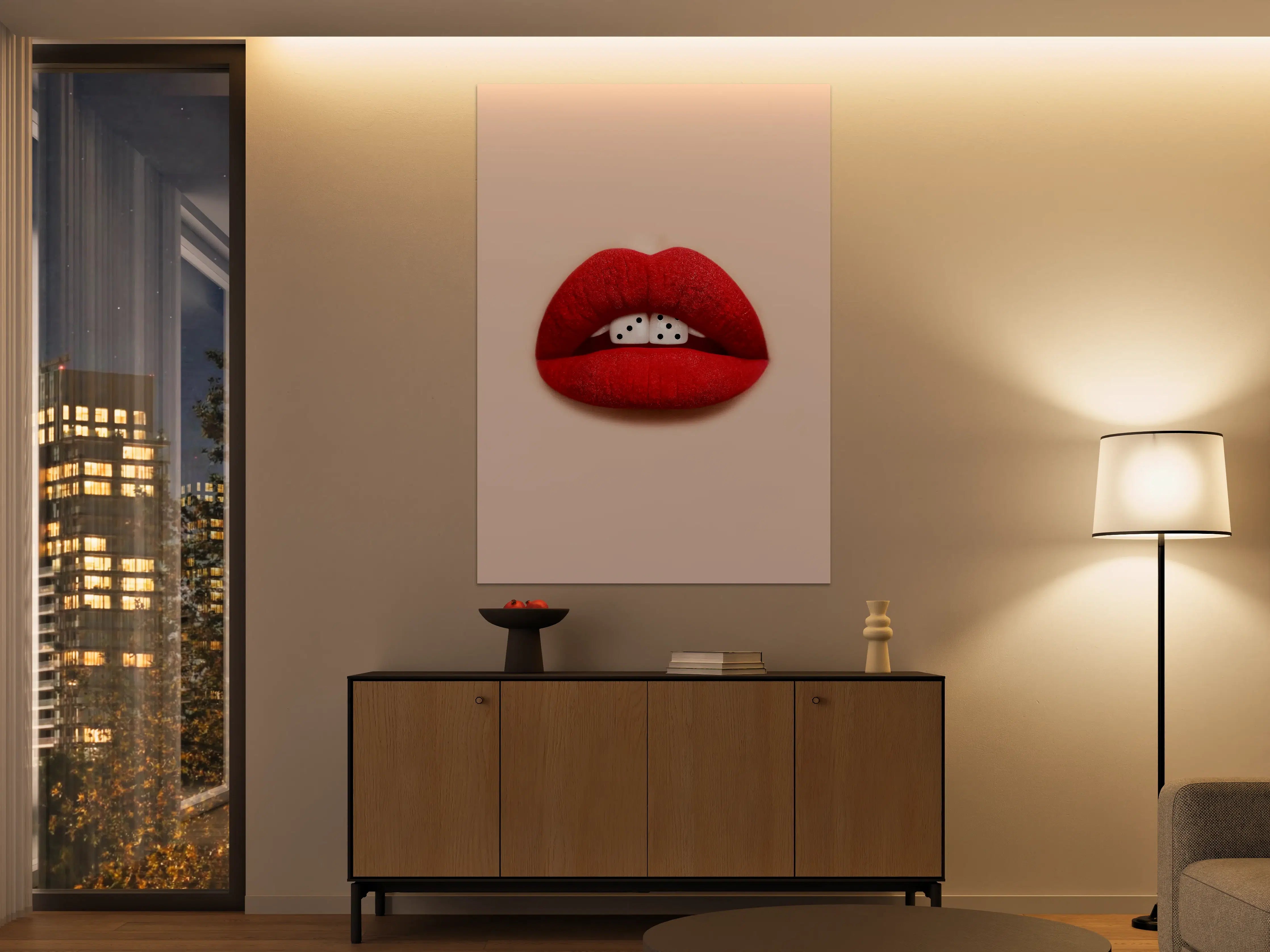 Große Wandbilder - Verlockende rote Lippen mit Würfelzähnen