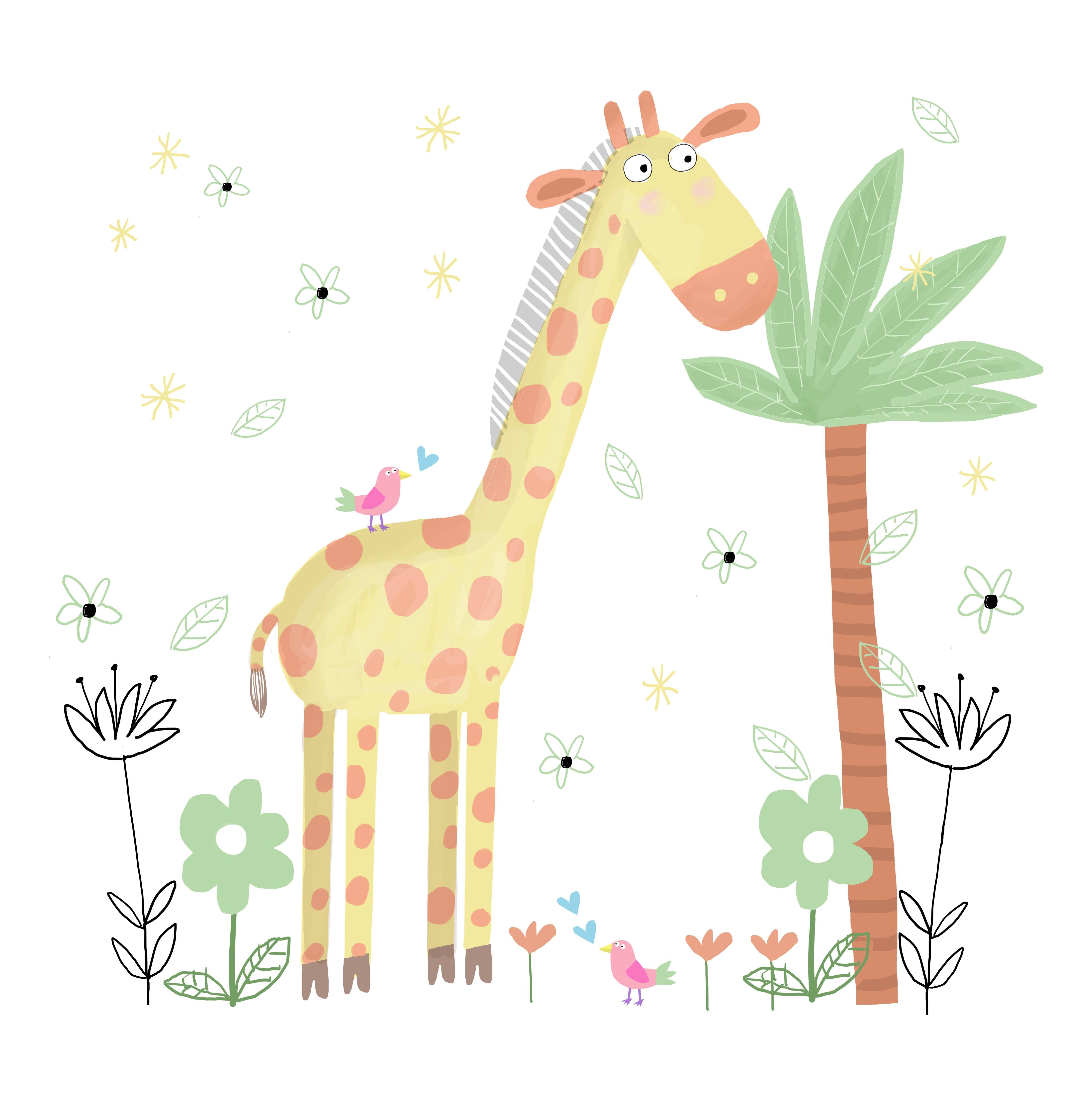 Große Wandbilder-Verspielte Giraffe mit Vogel und Palmen