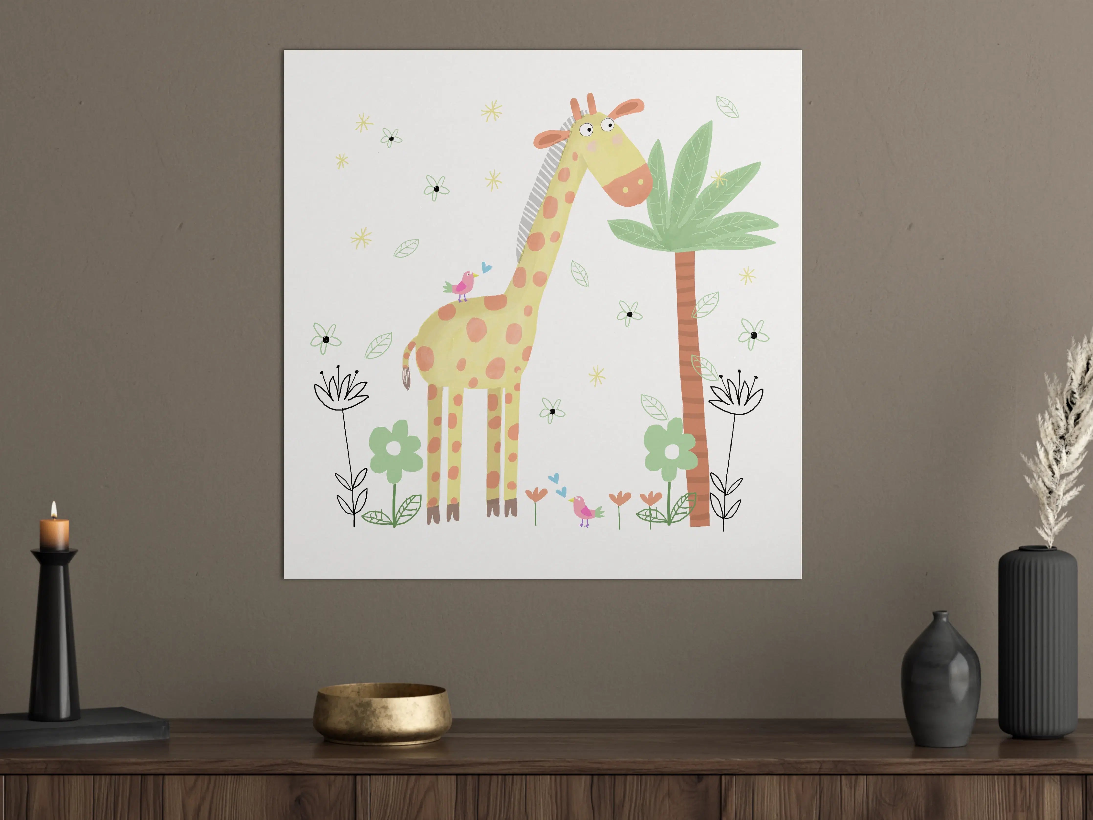 Große Wandbilder - Verspielte Giraffe mit Vogel und Palmen