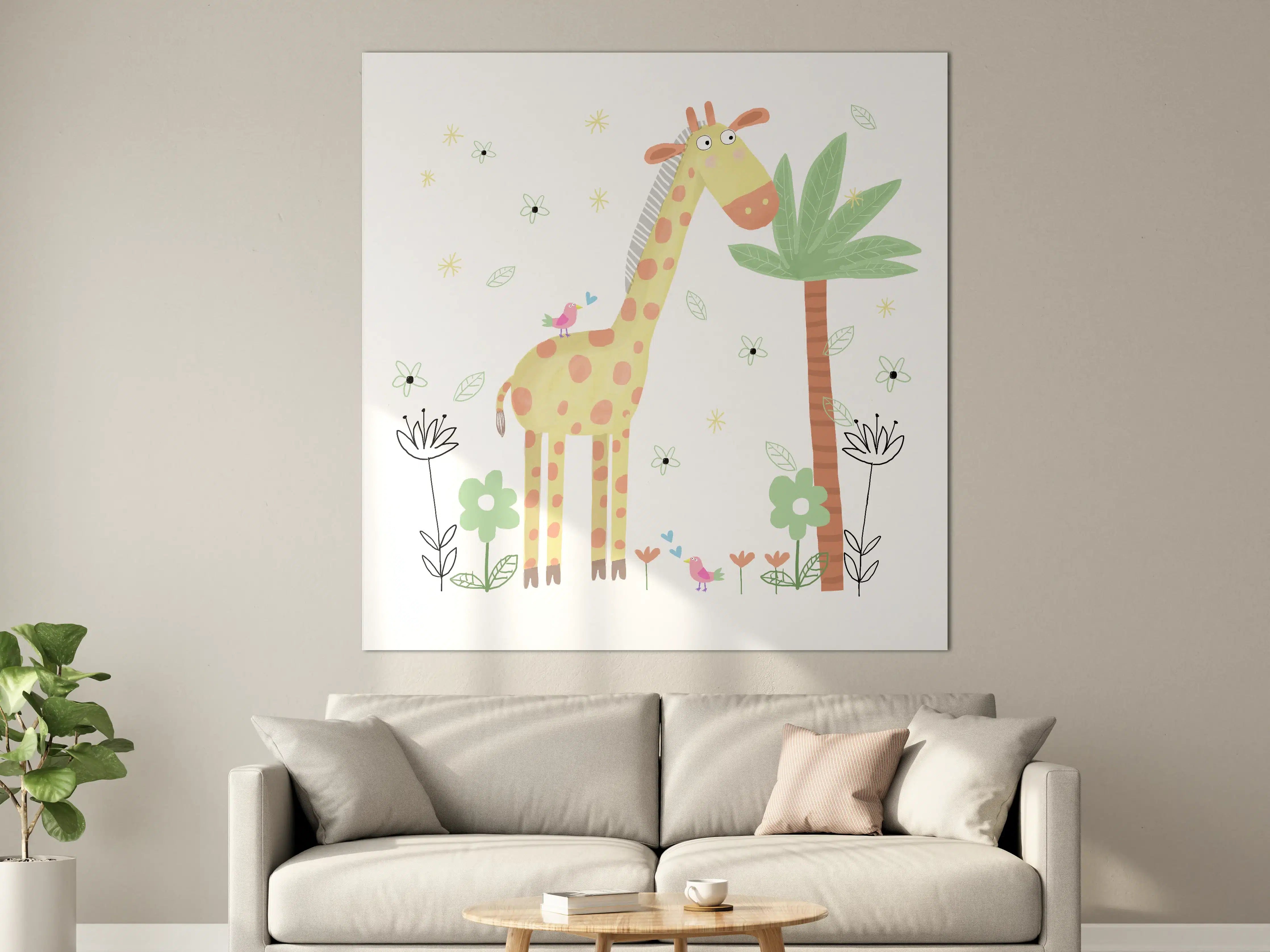 Große Wandbilder - Verspielte Giraffe mit Vogel und Palmen