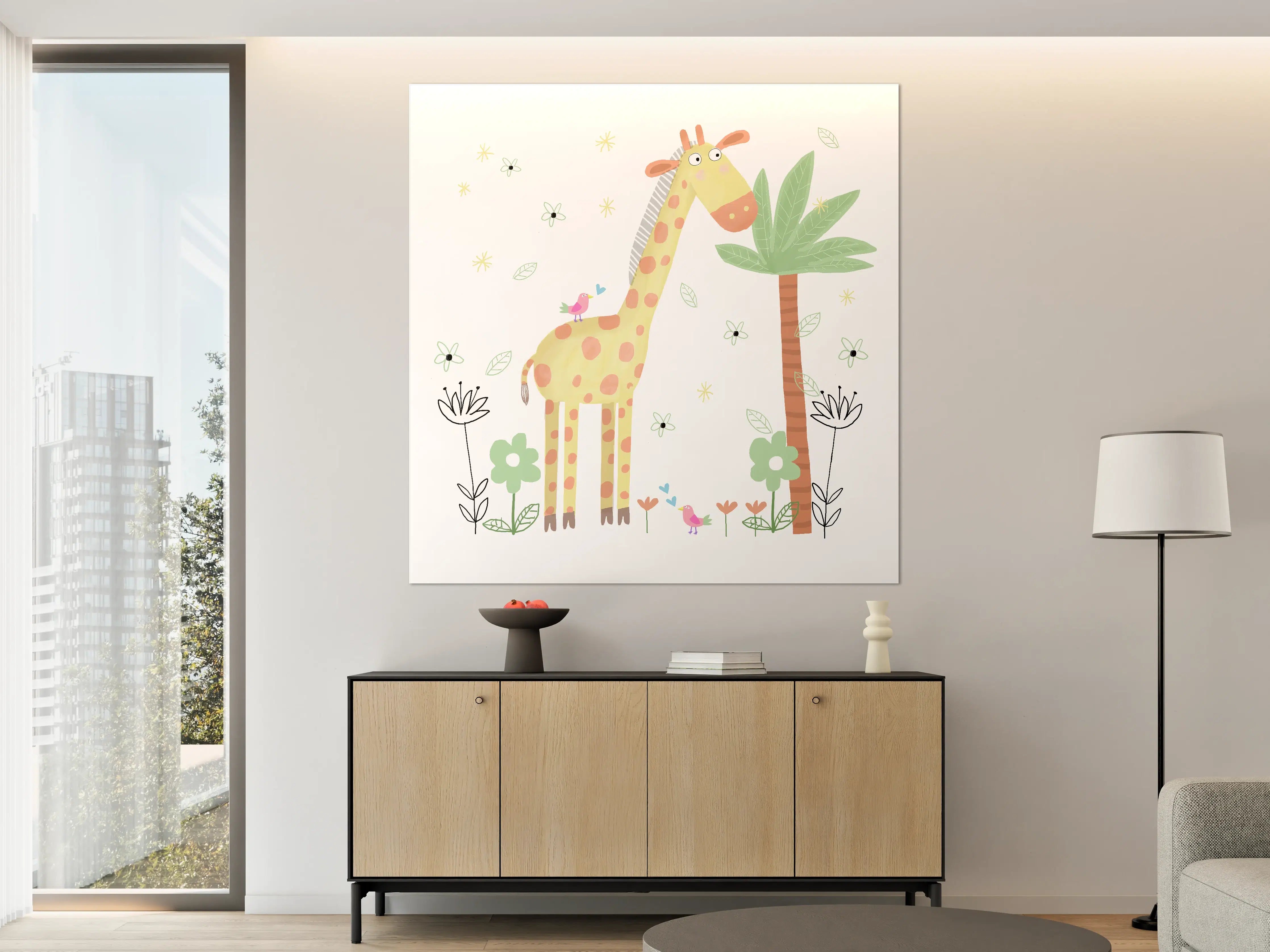 Große Wandbilder - Verspielte Giraffe mit Vogel und Palmen