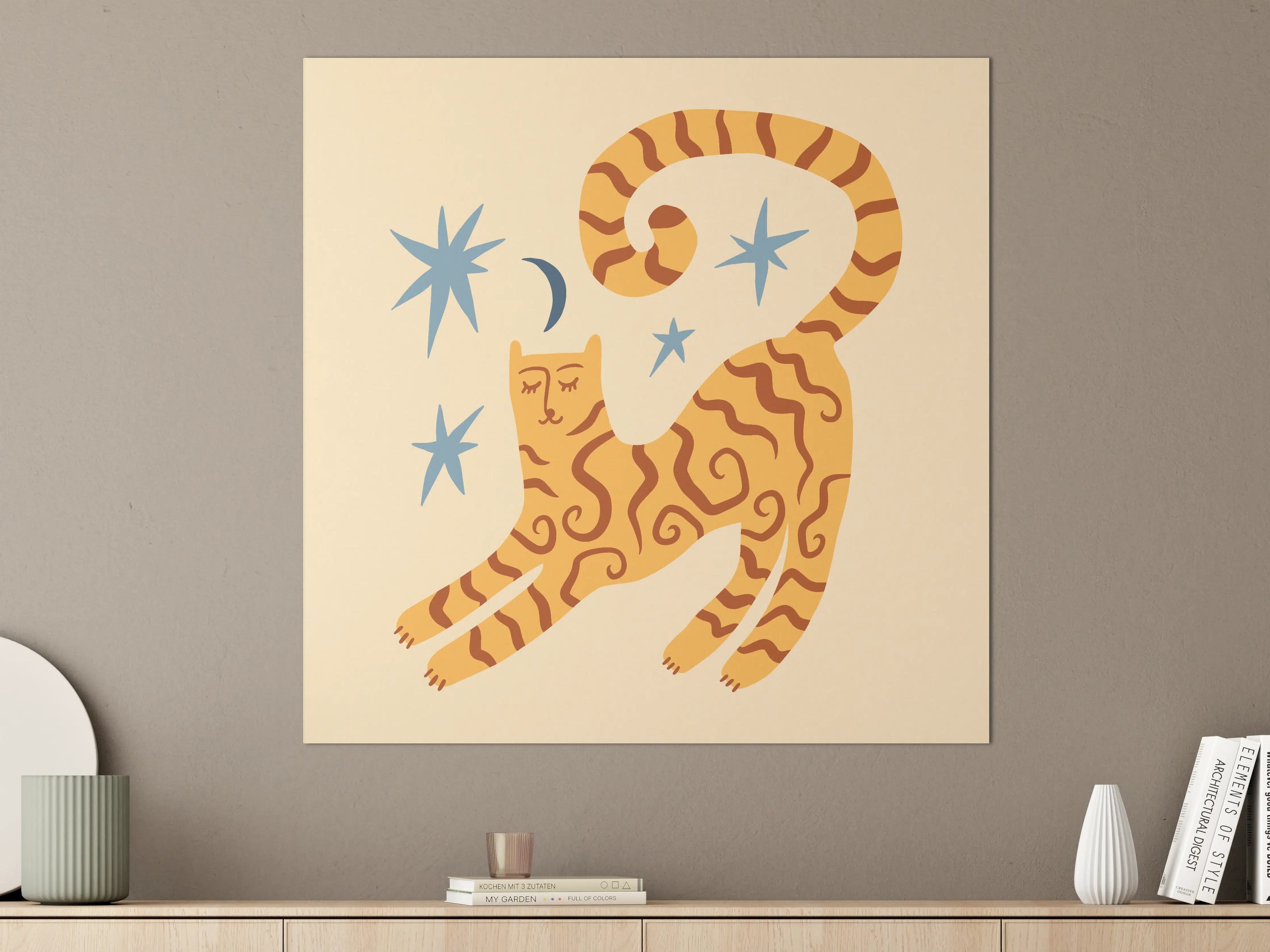 Große Wandbilder - Verspielte Katze mit Sternen und Mond