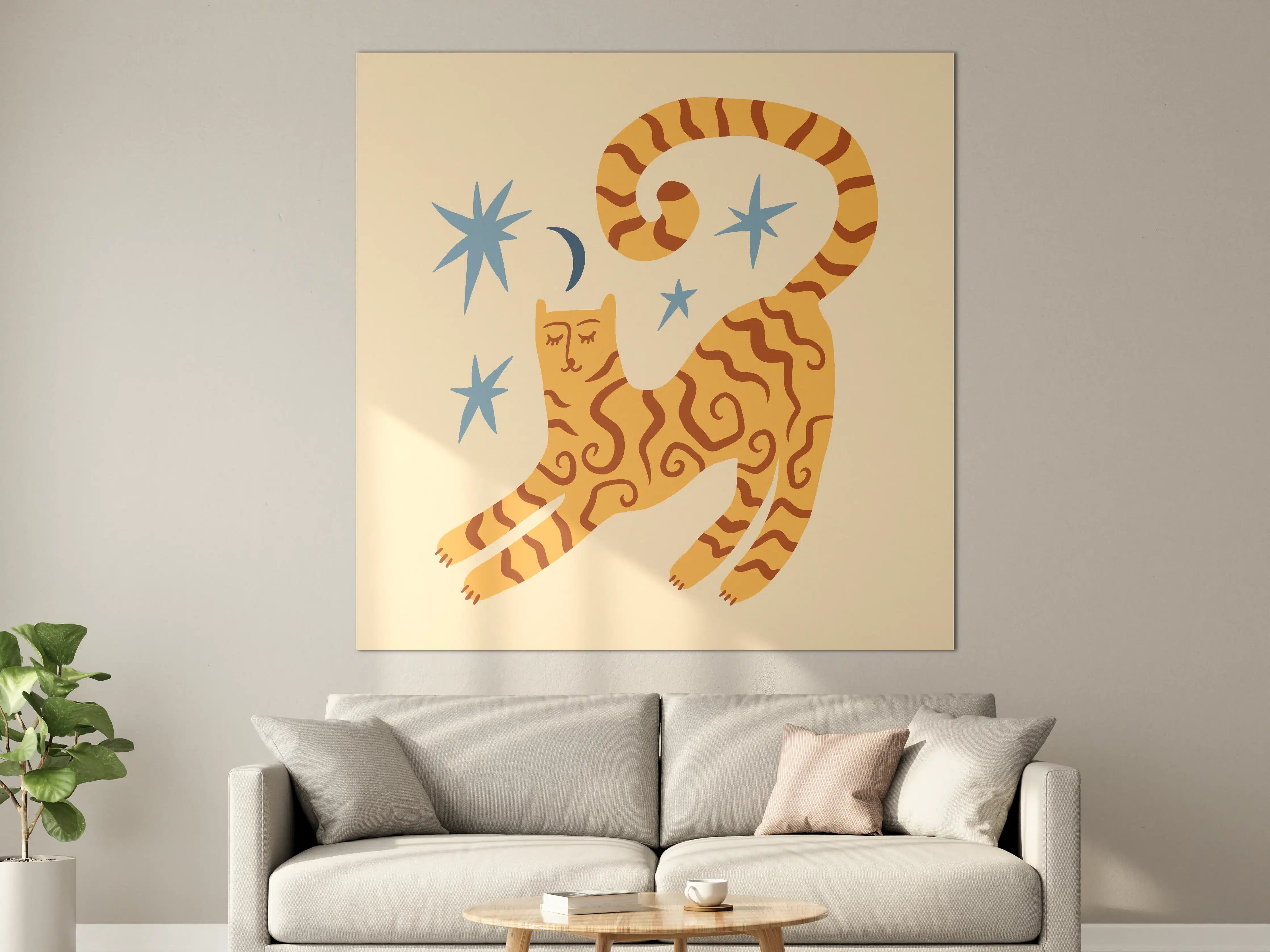 Große Wandbilder - Verspielte Katze mit Sternen und Mond