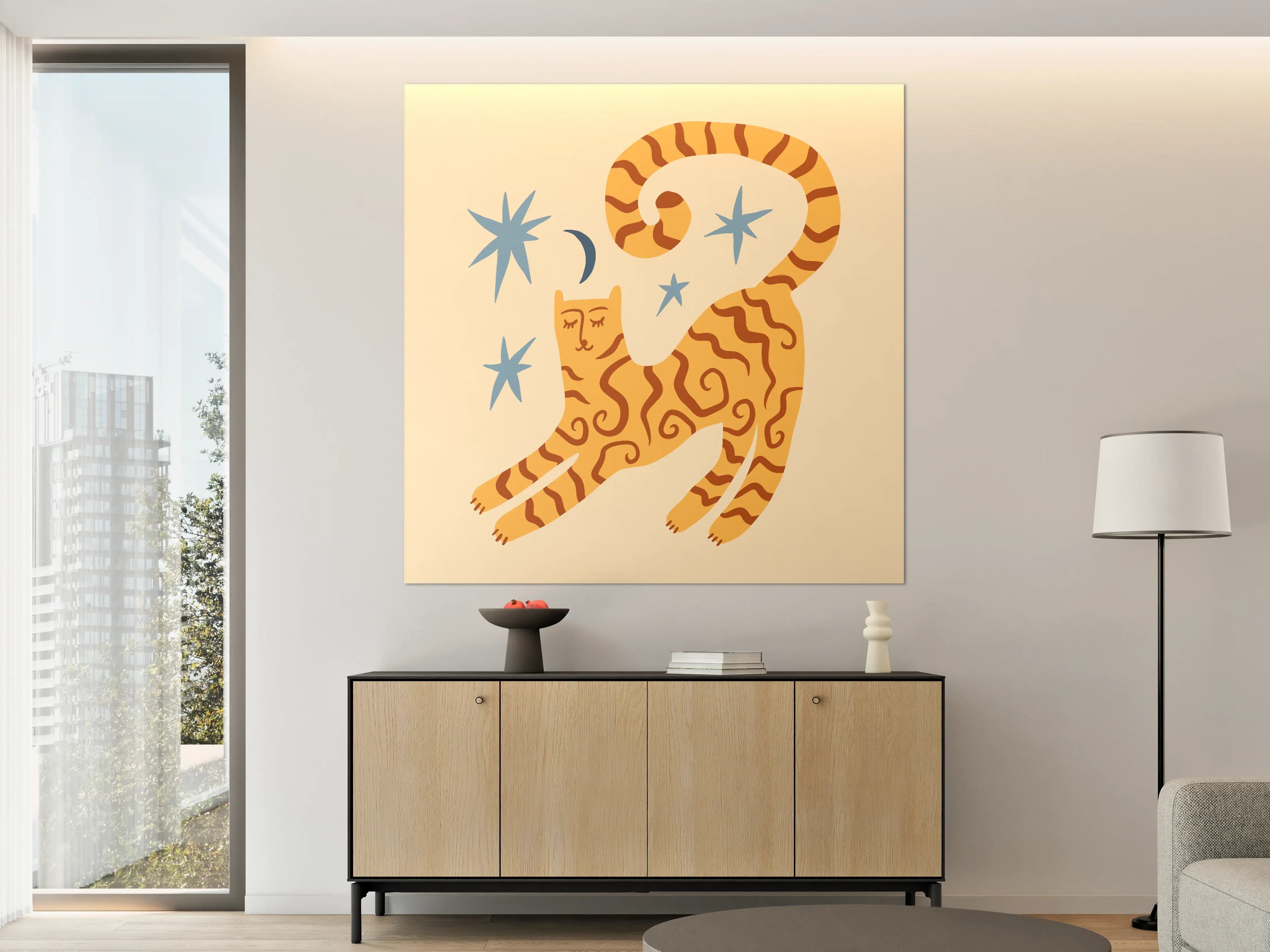Große Wandbilder - Verspielte Katze mit Sternen und Mond