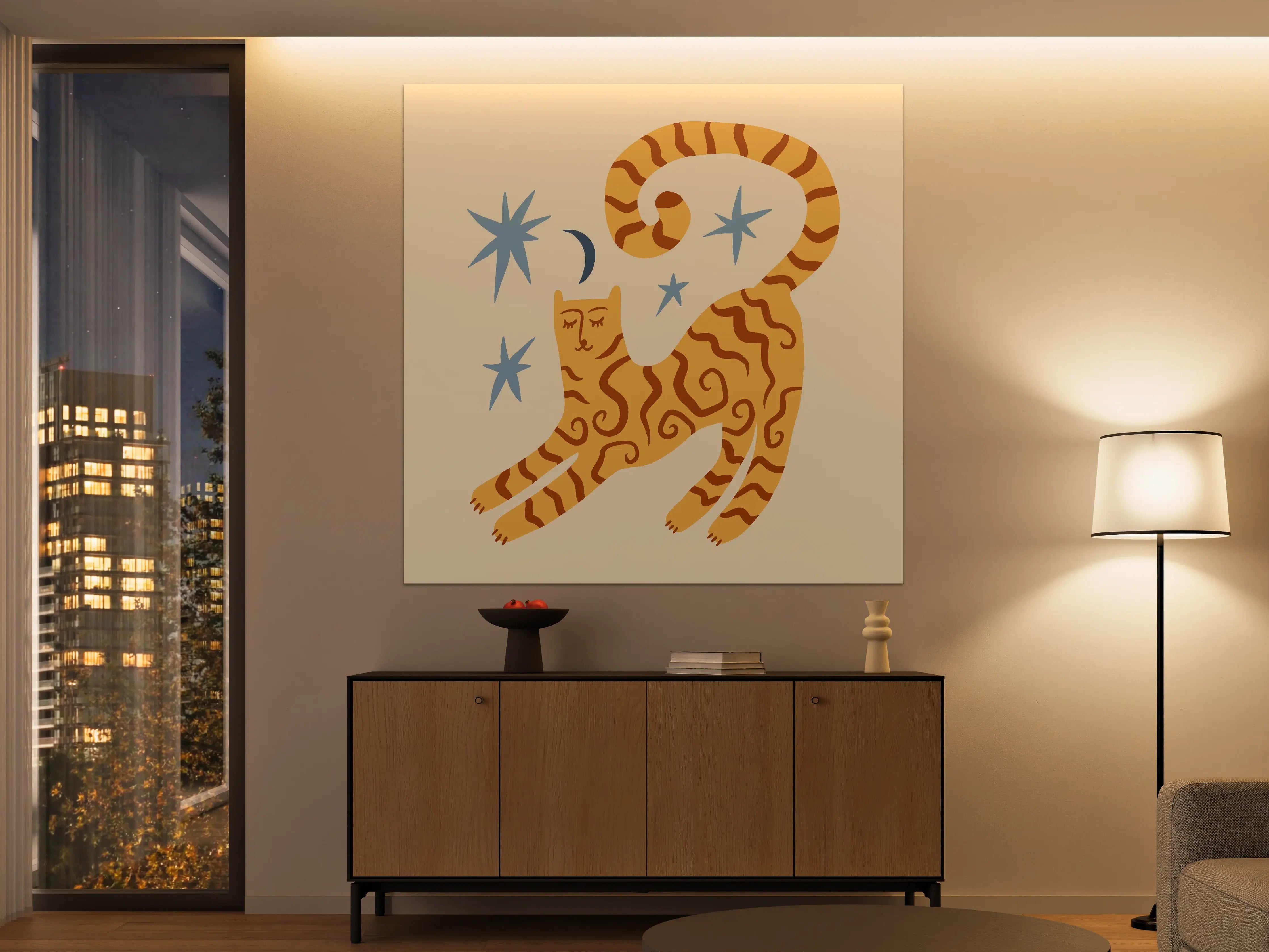 Große Wandbilder - Verspielte Katze mit Sternen und Mond