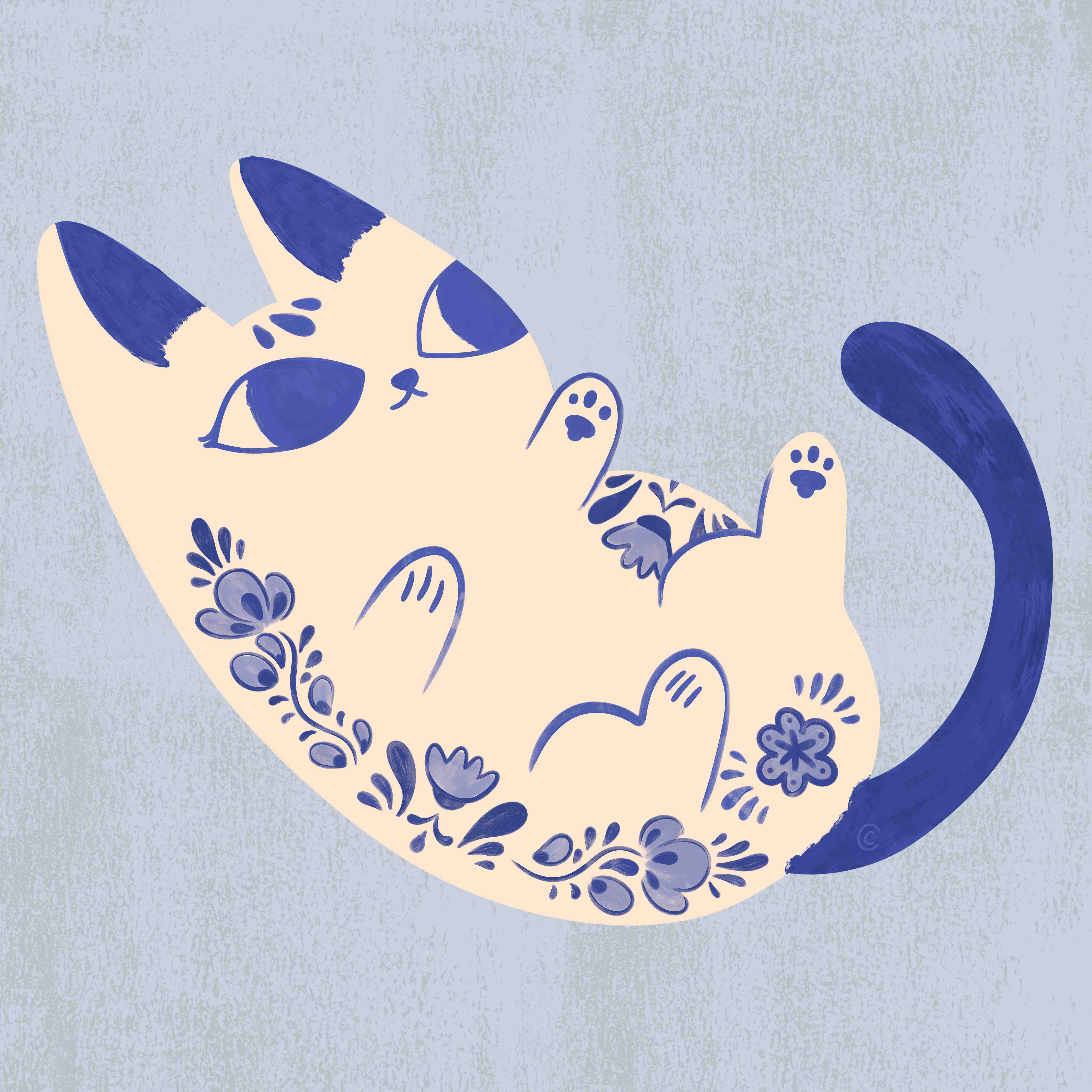 Große Wandbilder-Verspielte Katzenillustration in Blau-WeiDF-TD6nen