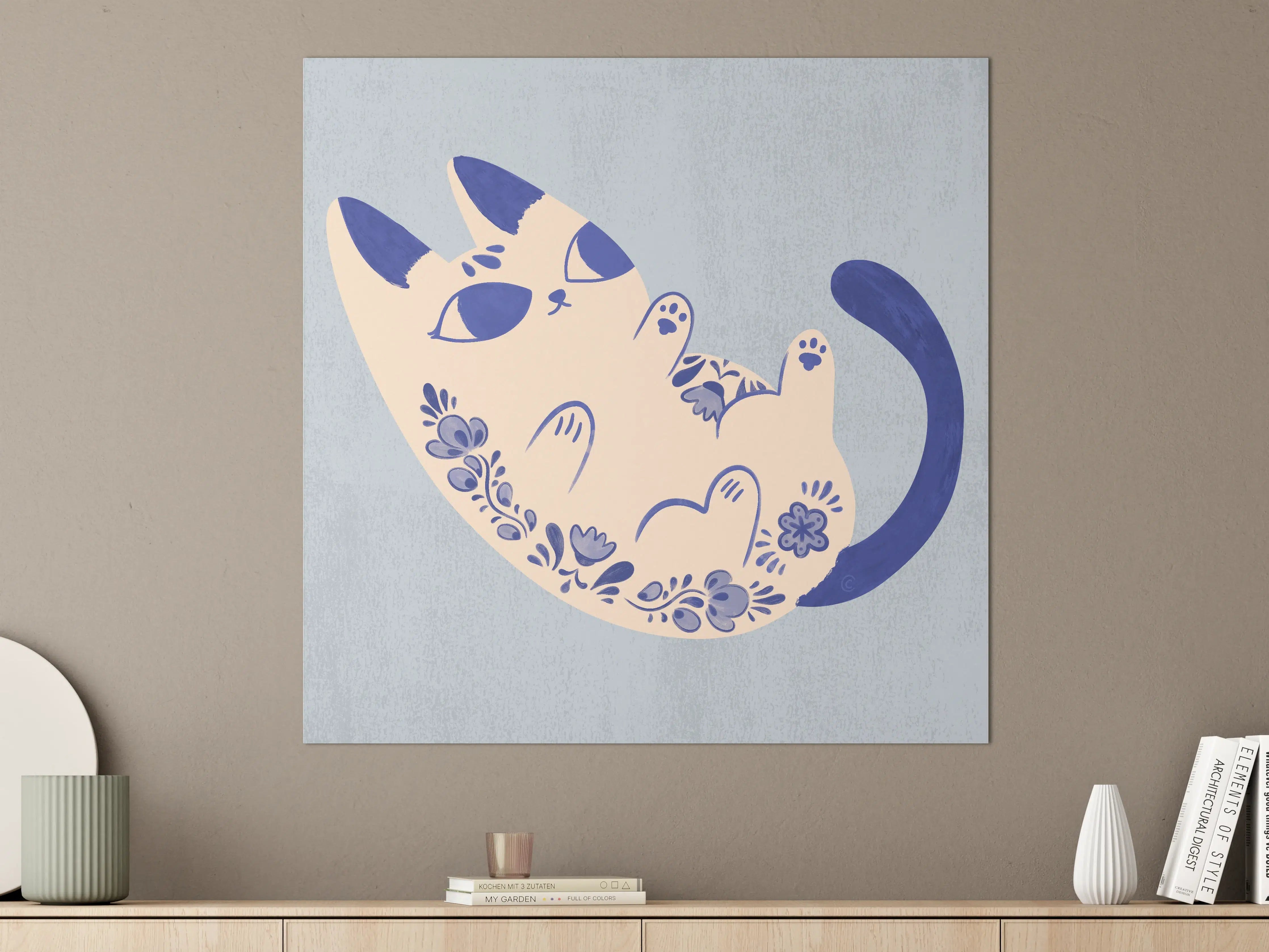 Große Wandbilder - Verspielte Katzenillustration in Blau-WeiDF-TD6nen