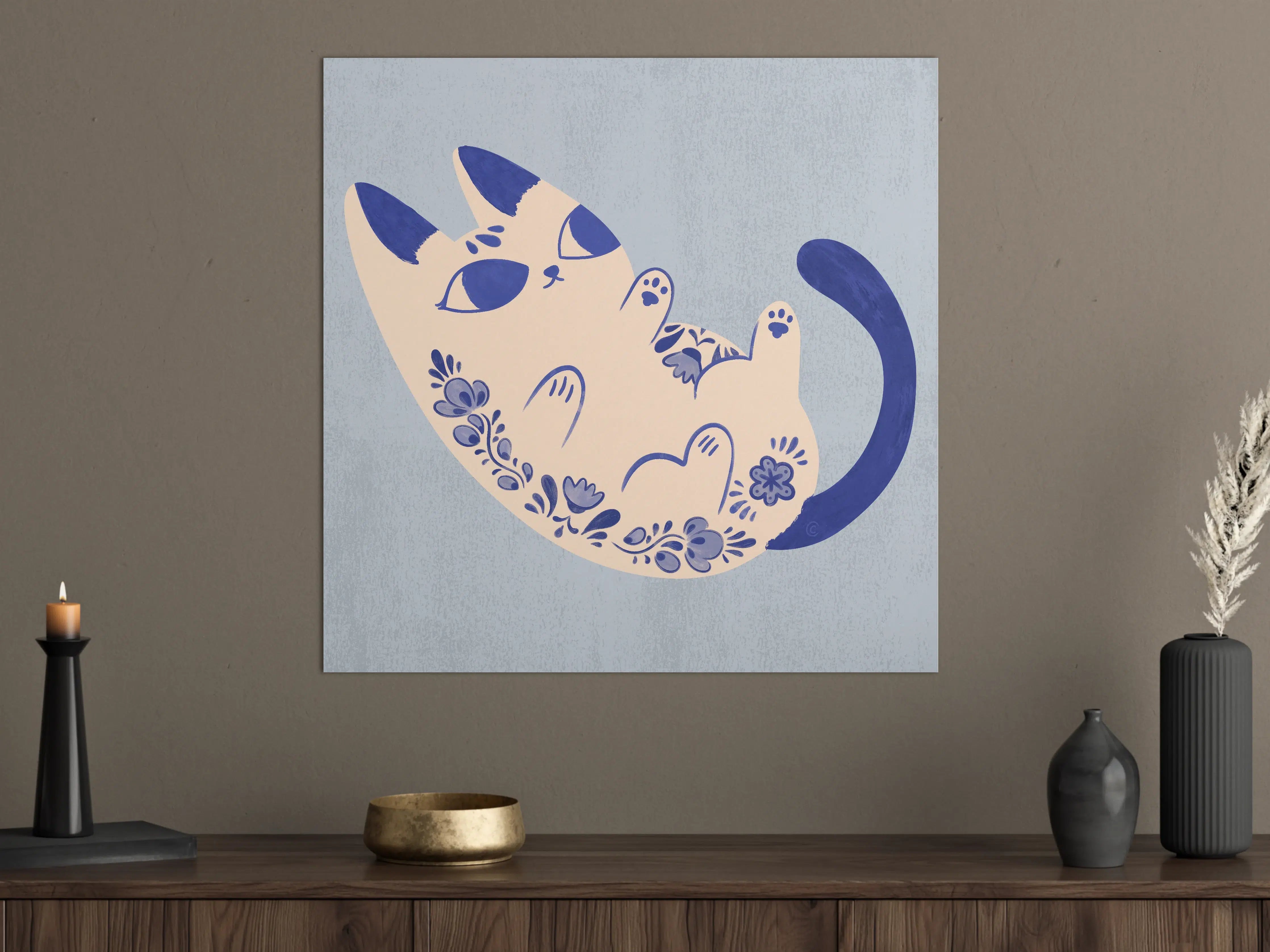 Große Wandbilder - Verspielte Katzenillustration in Blau-WeiDF-TD6nen