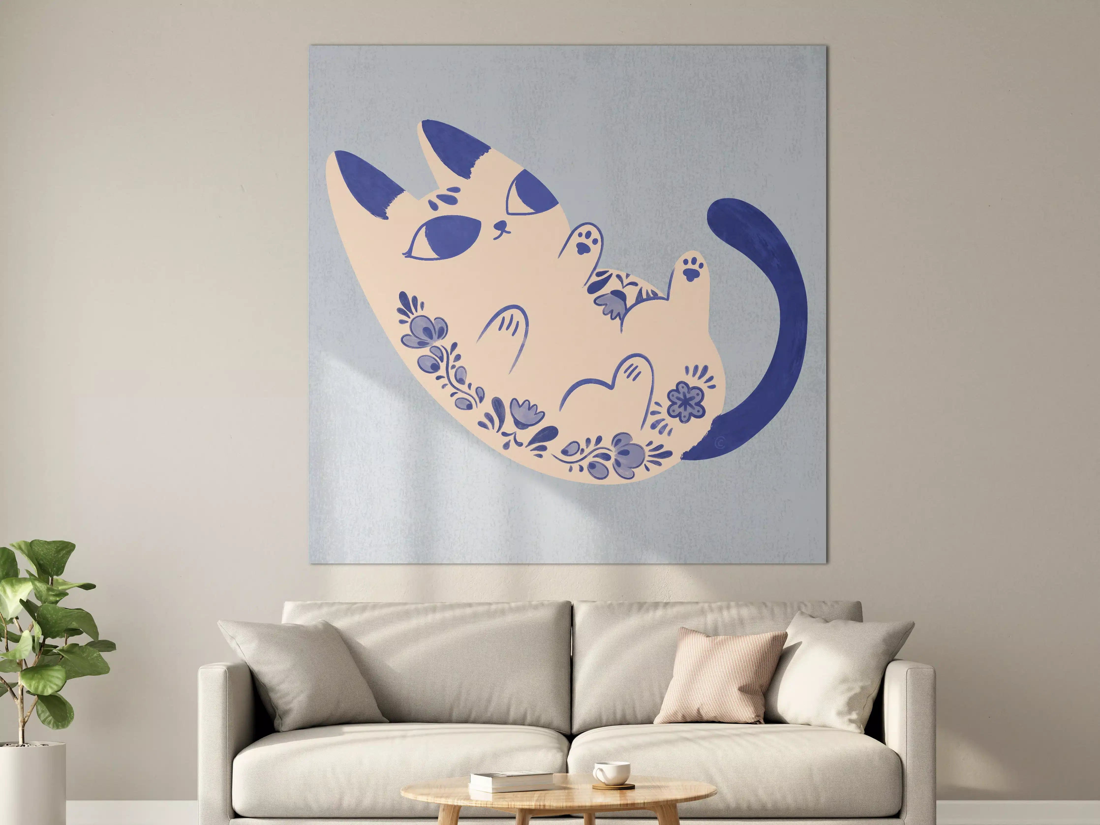 Große Wandbilder - Verspielte Katzenillustration in Blau-WeiDF-TD6nen