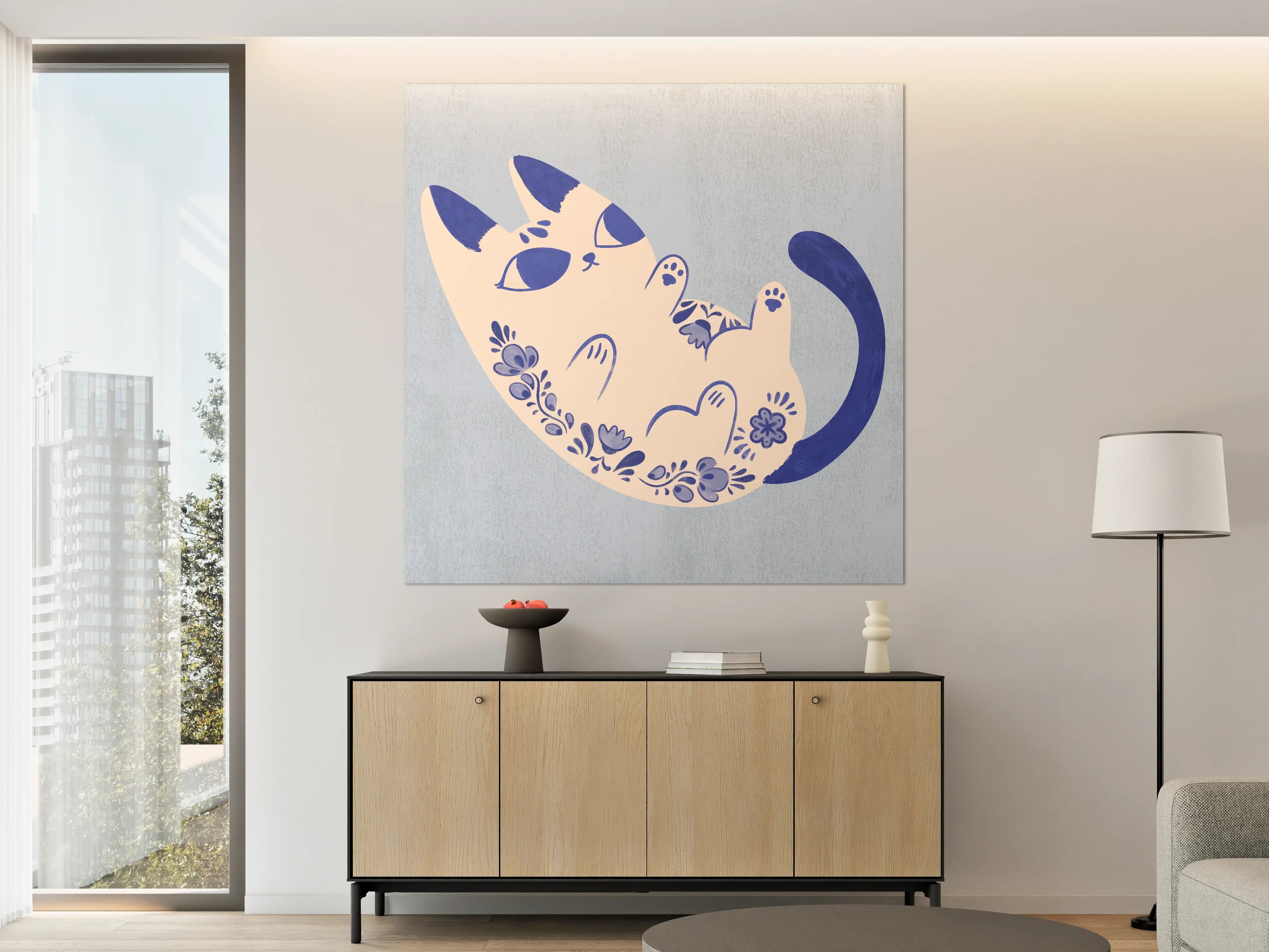 Große Wandbilder - Verspielte Katzenillustration in Blau-WeiDF-TD6nen