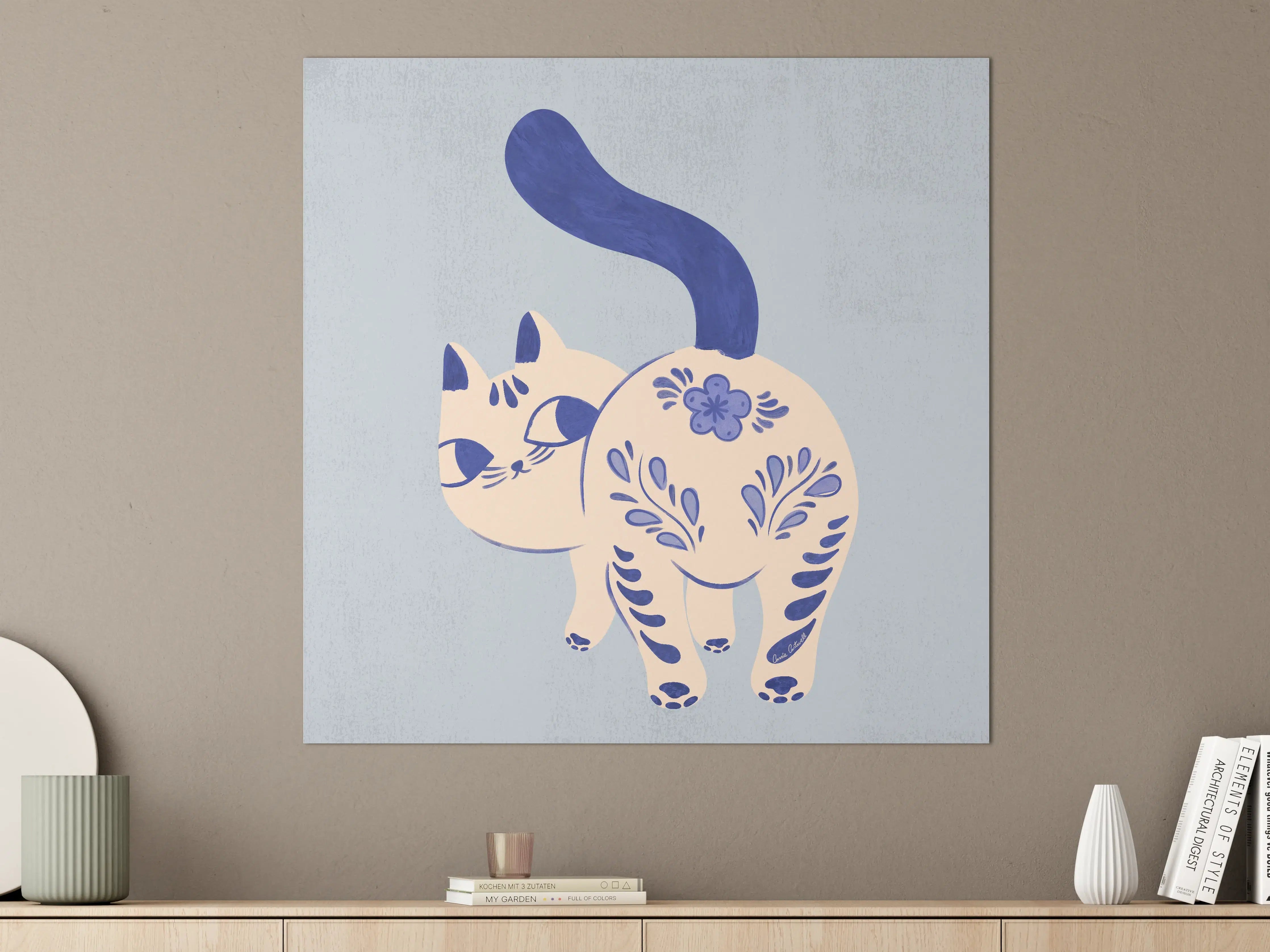 Große Wandbilder - Verspielte Katzenillustration mit blauen Akzenten