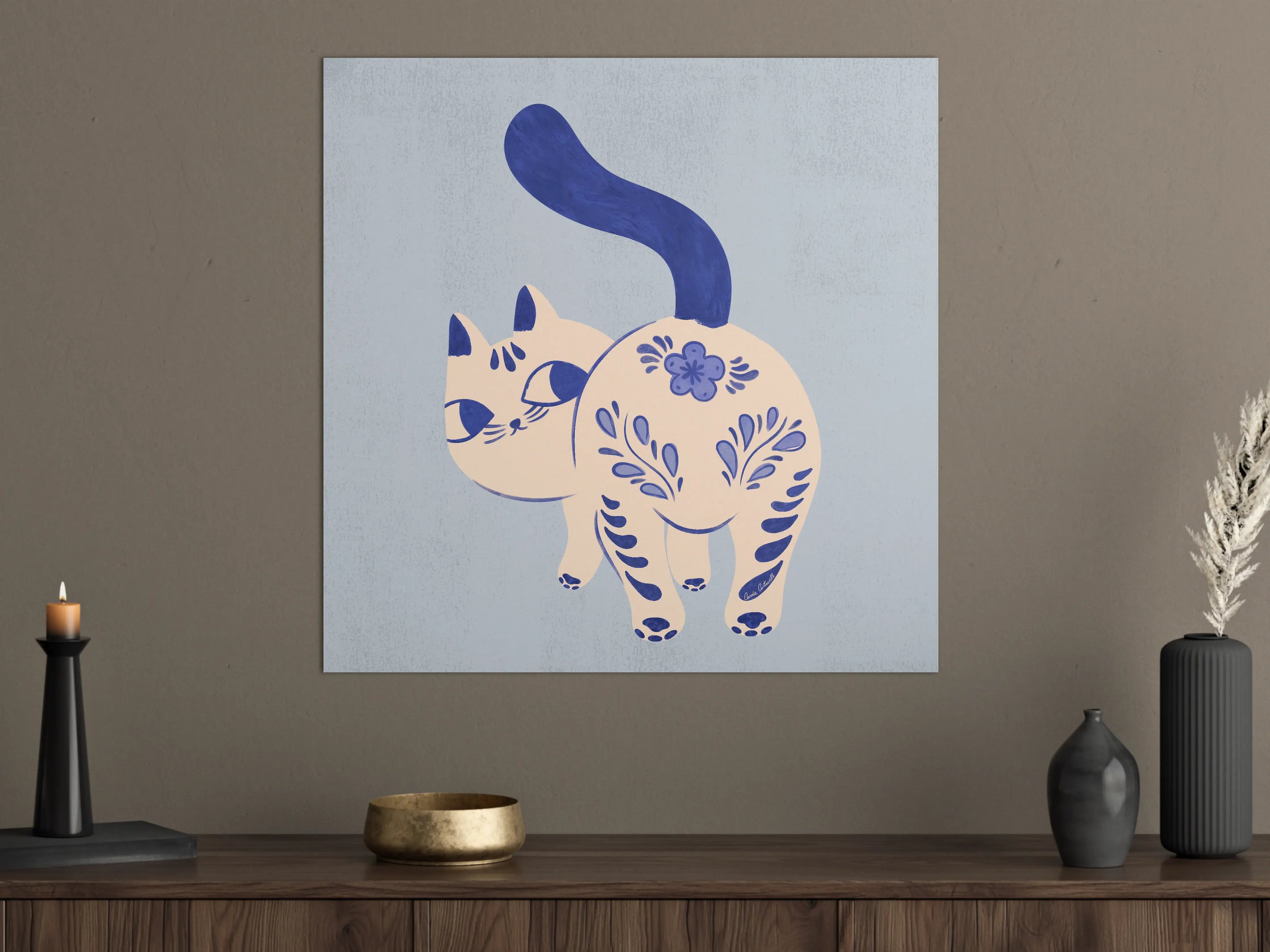 Große Wandbilder - Verspielte Katzenillustration mit blauen Akzenten