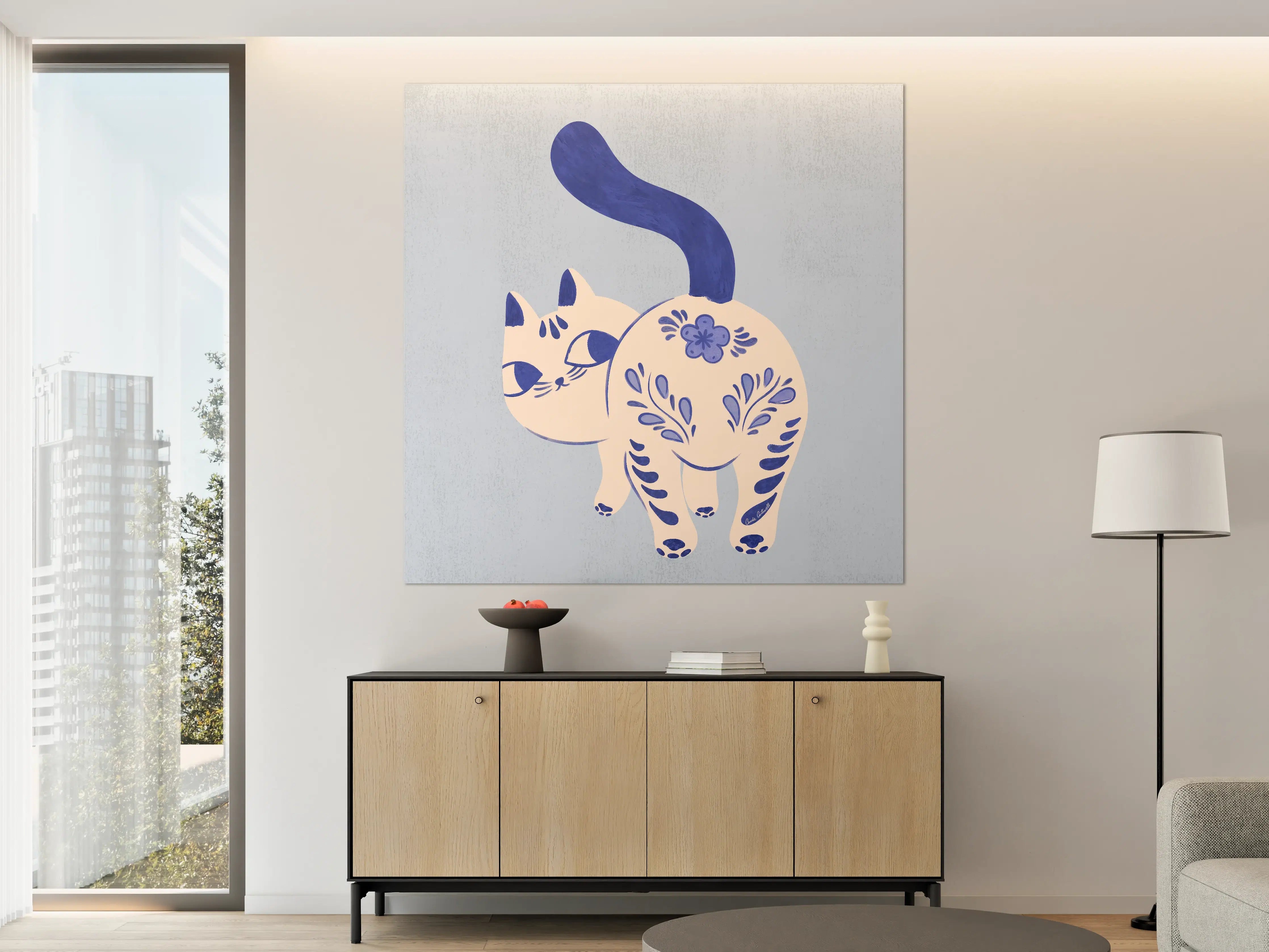 Große Wandbilder - Verspielte Katzenillustration mit blauen Akzenten