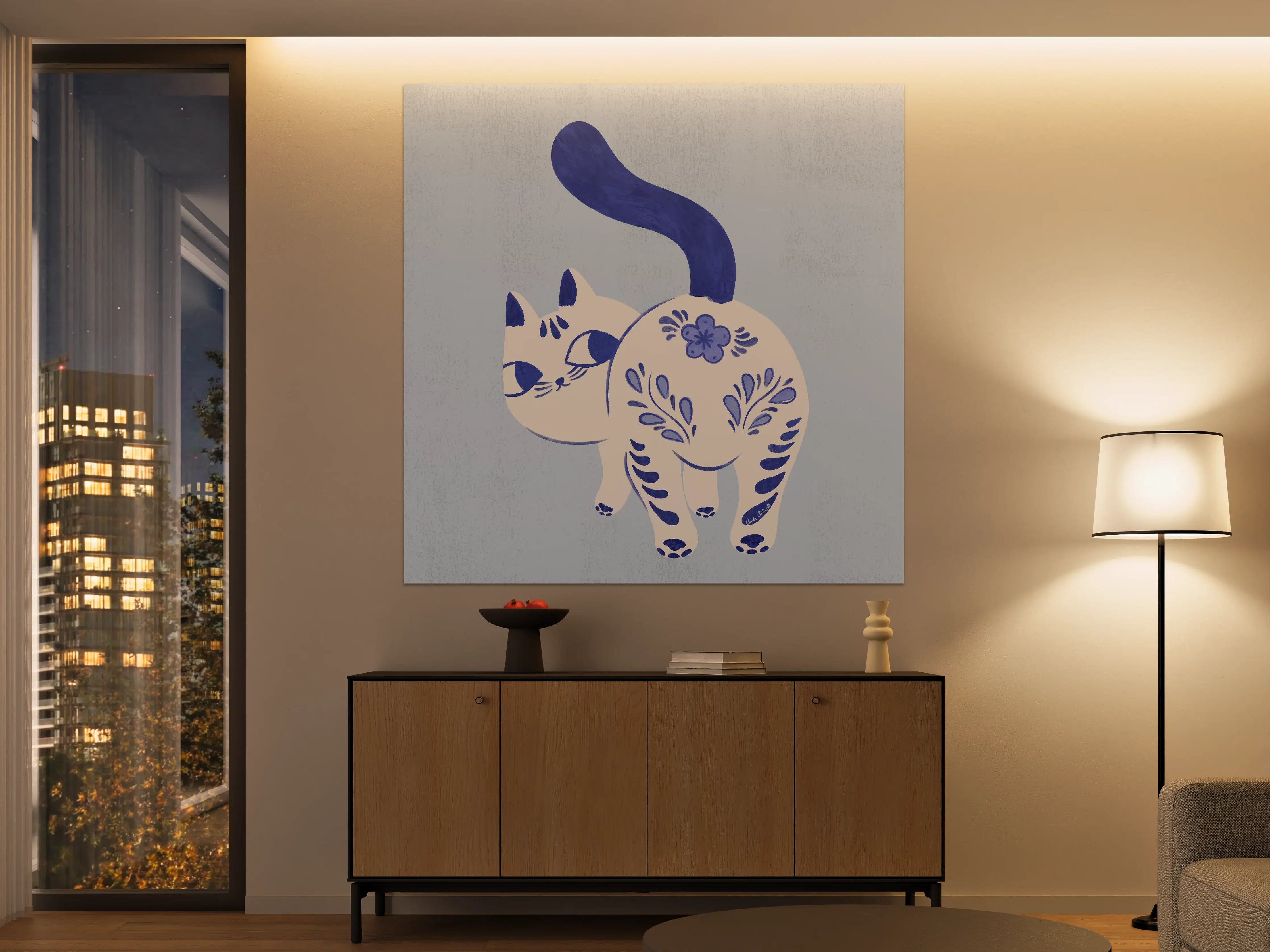 Große Wandbilder - Verspielte Katzenillustration mit blauen Akzenten