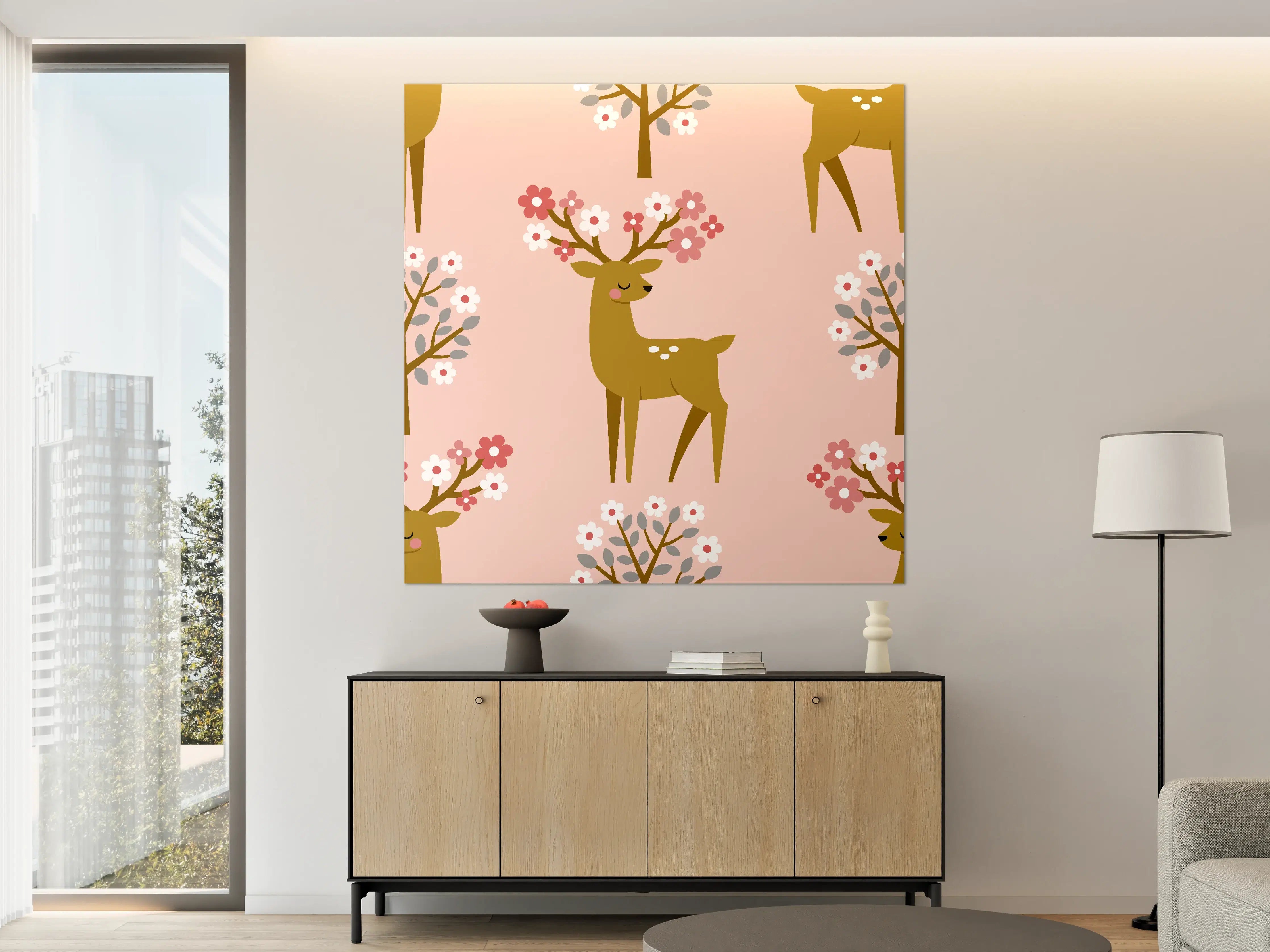 Große Wandbilder - Verspielter Rehkitz Blumen Print