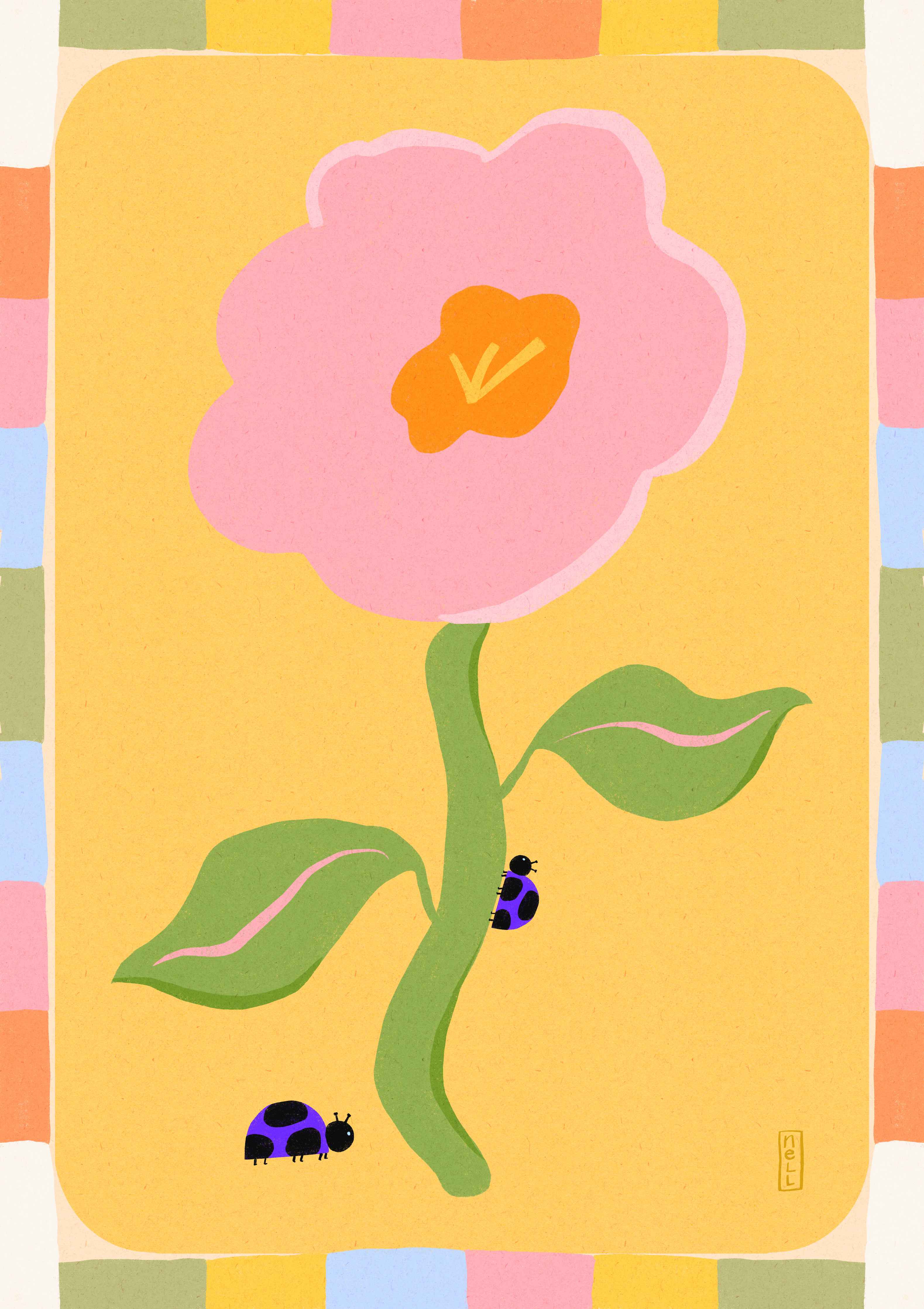 Große Wandbilder-Verspieltes Blumenmotiv mit Käfern in Pastellfarben