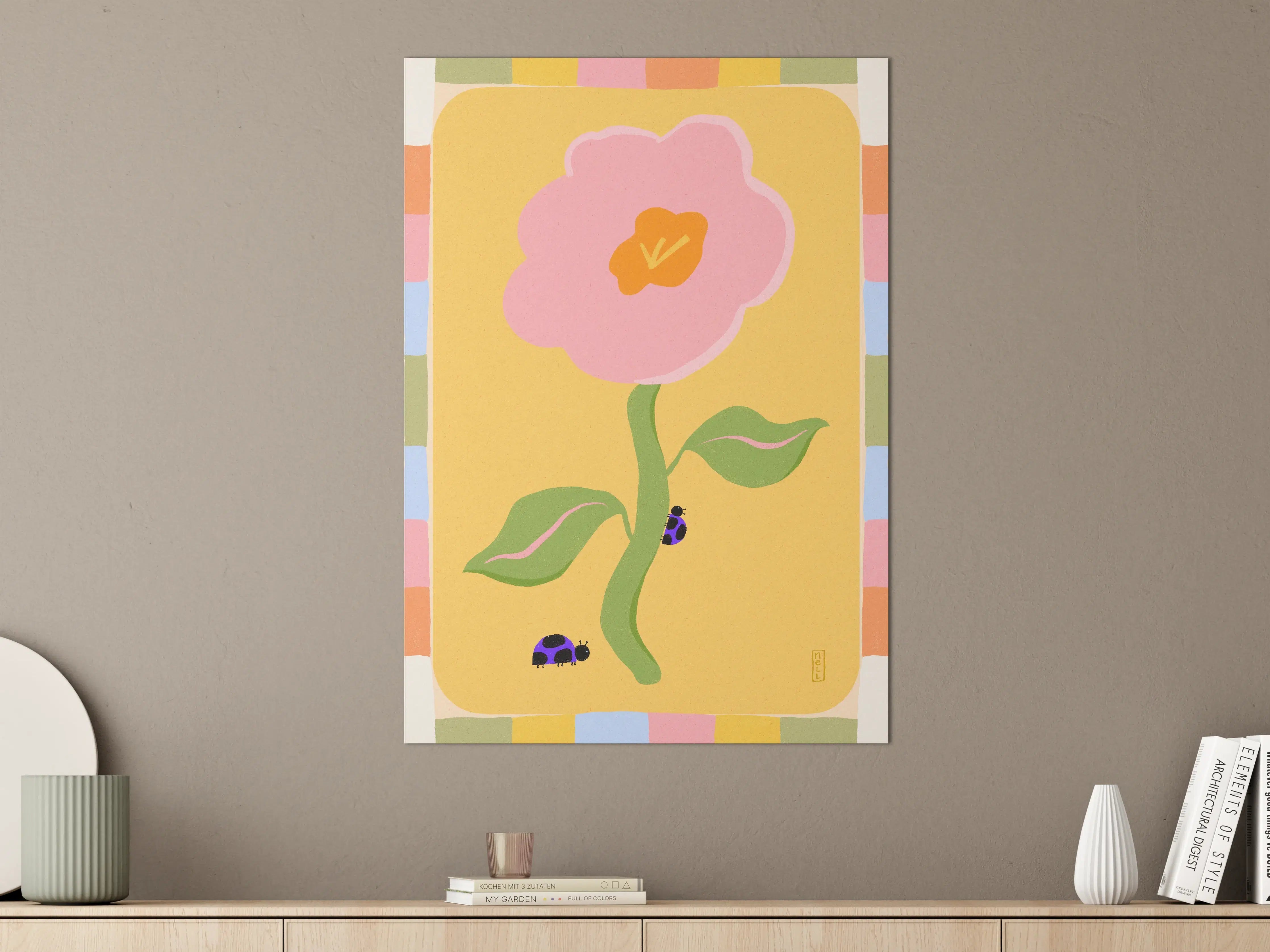 Große Wandbilder - Verspieltes Blumenmotiv mit Käfern in Pastellfarben