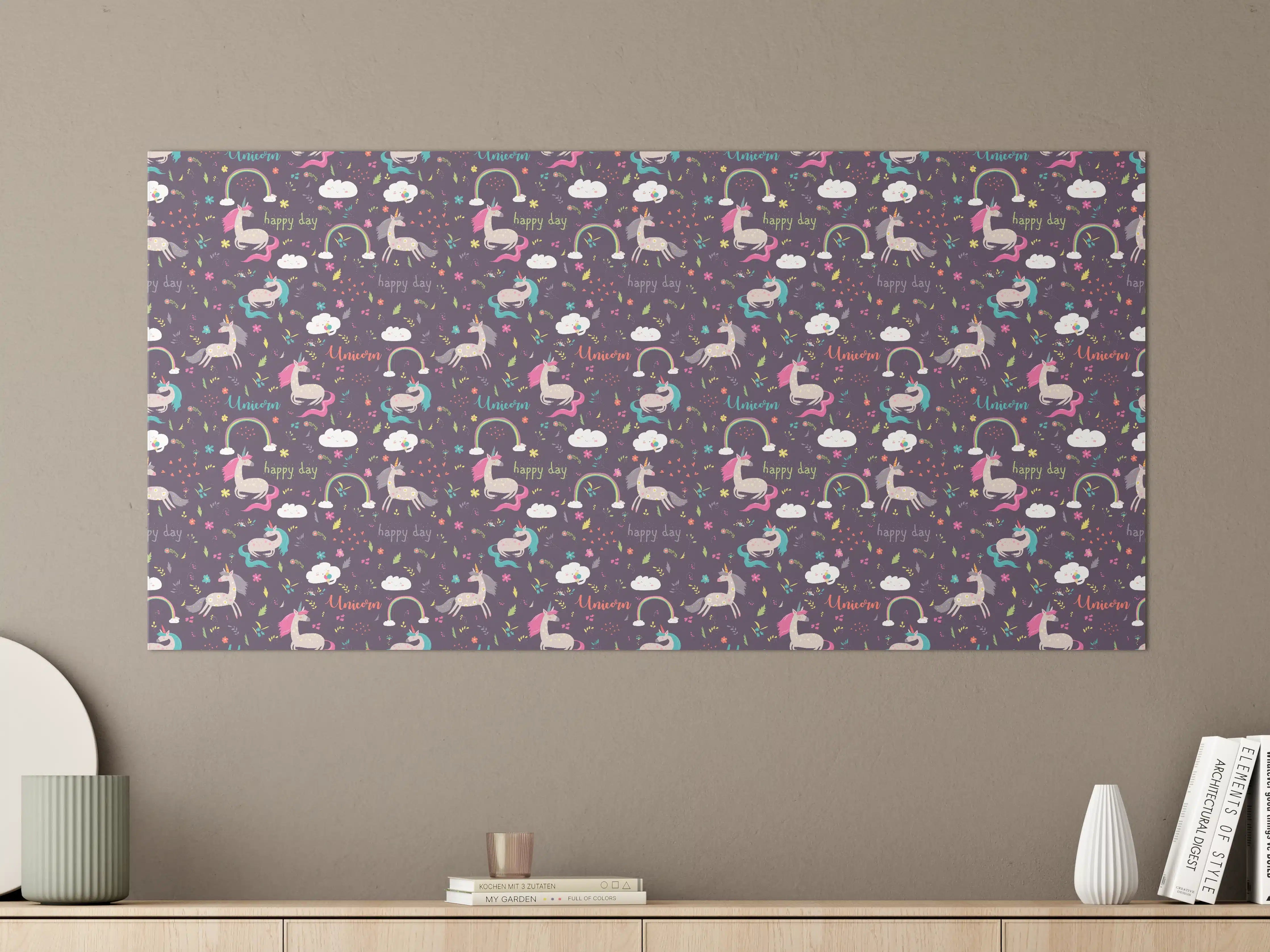 Große Wandbilder - Verspieltes Einhorn mit Regenbogenhintergrund