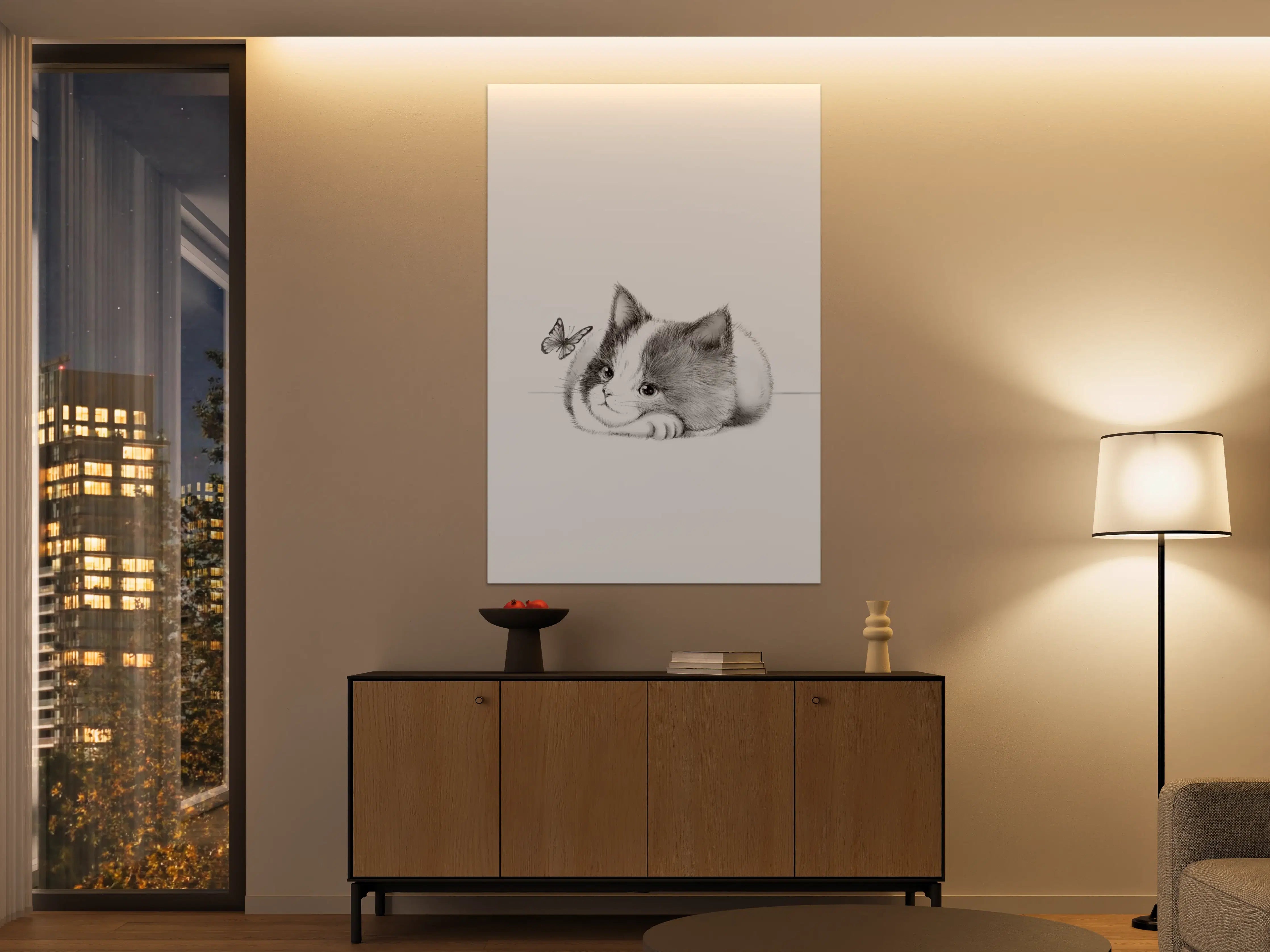 Große Wandbilder - Verspieltes Kätzchen mit Schmetterling in Schwarz-Weiß