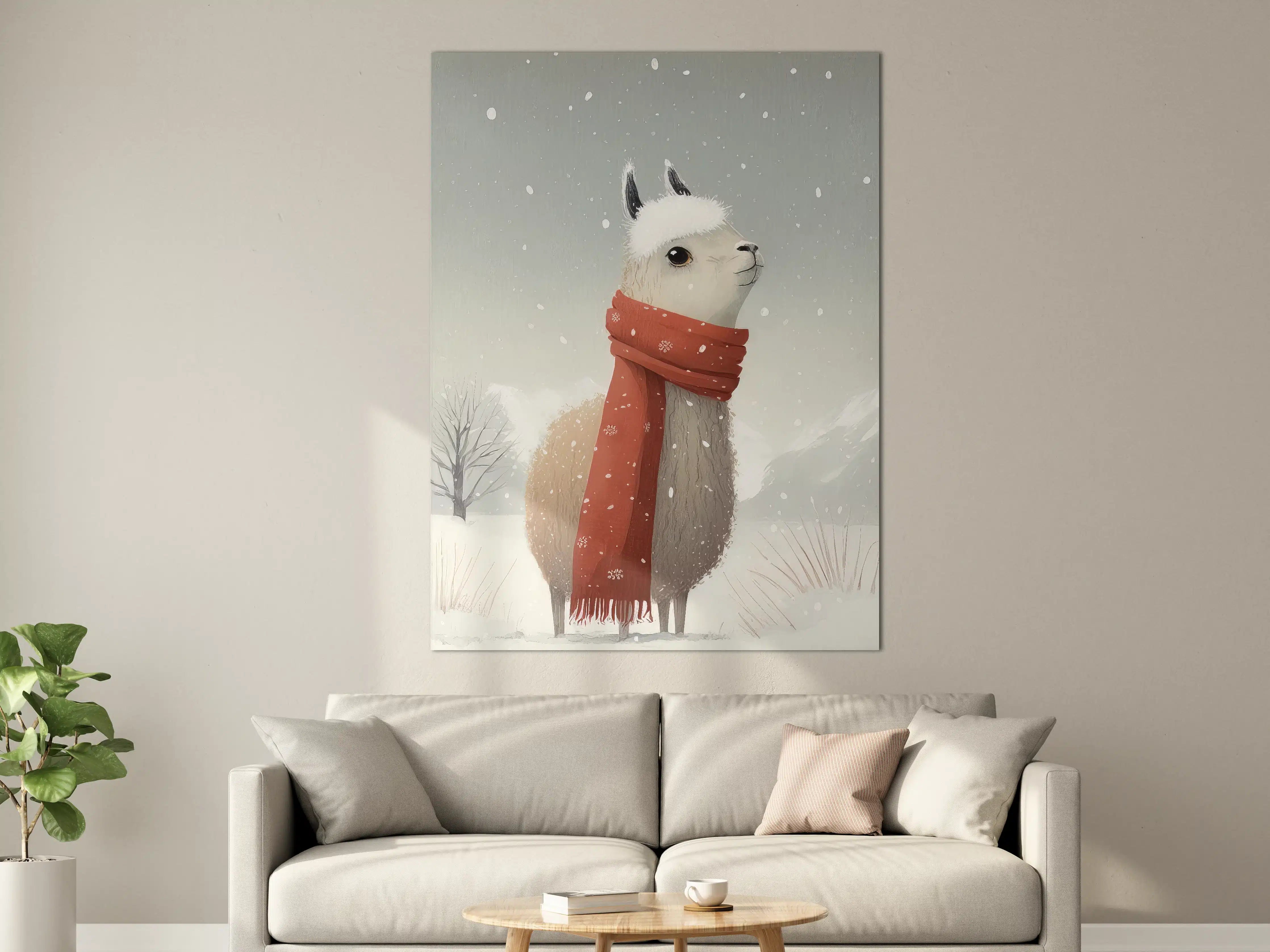 Große Wandbilder - Verspieltes Lama im Winter mit roter Schal