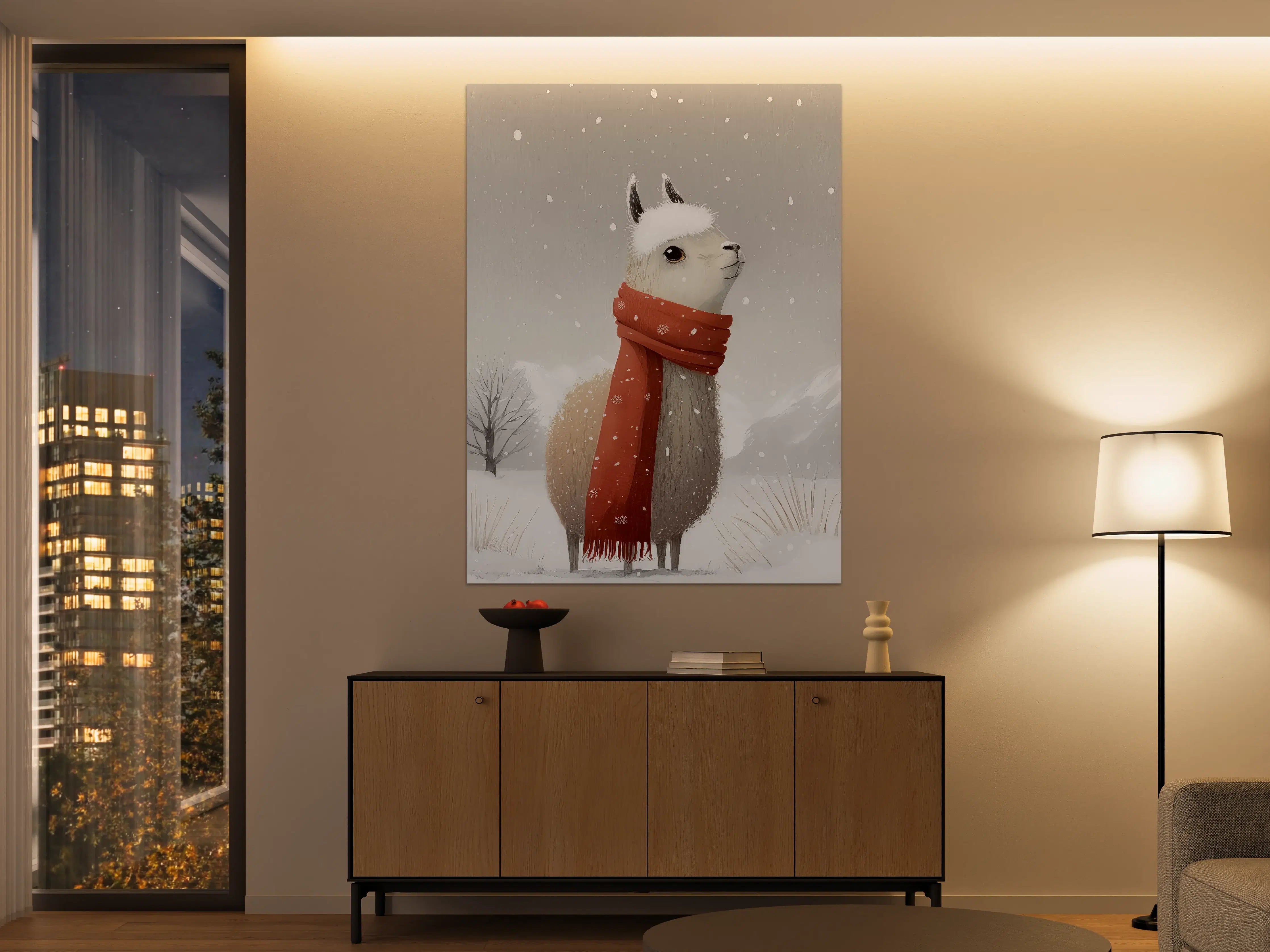Große Wandbilder - Verspieltes Lama im Winter mit roter Schal