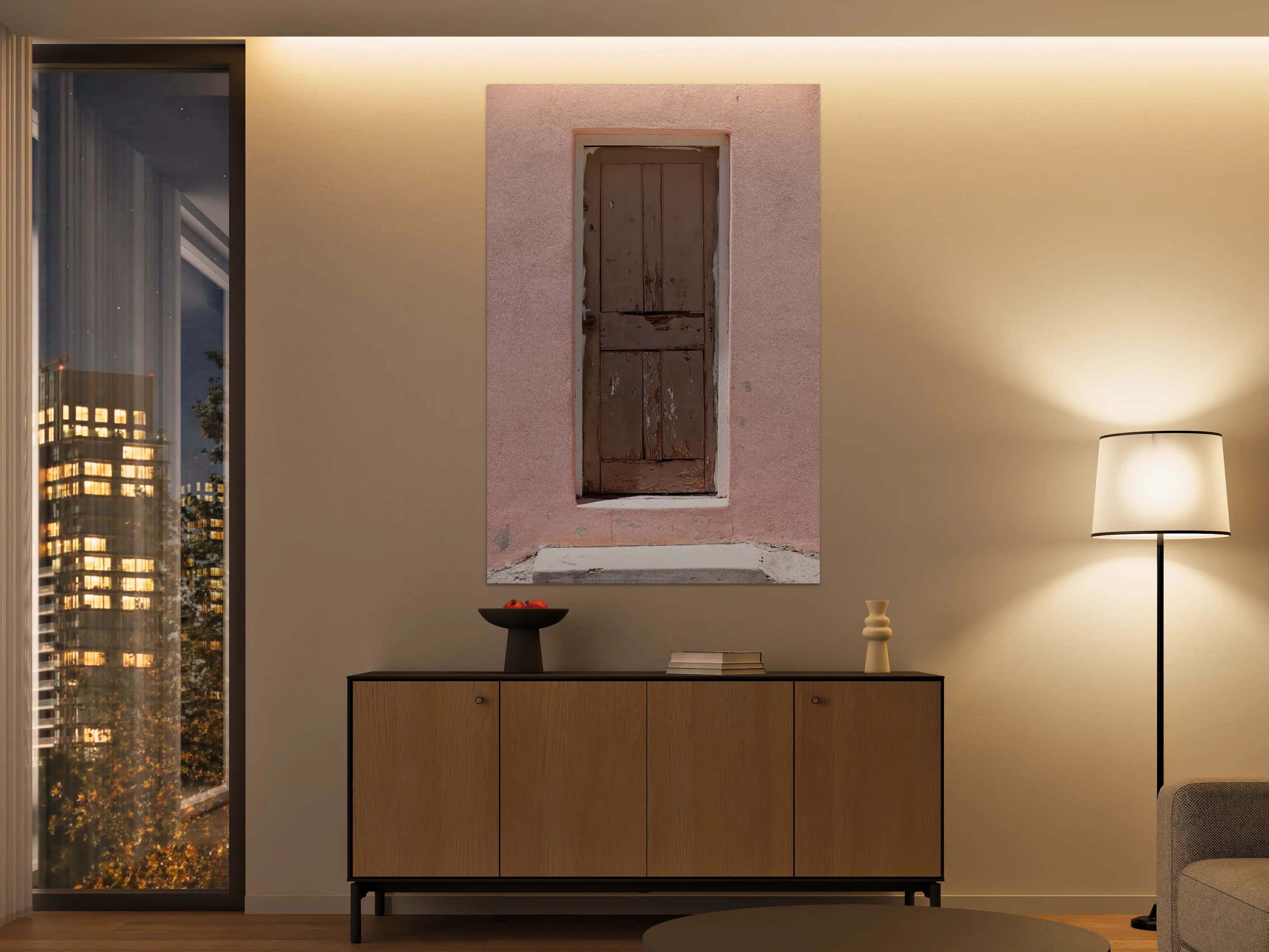 Große Wandbilder - Verwitterte Holztür Rosa Wand