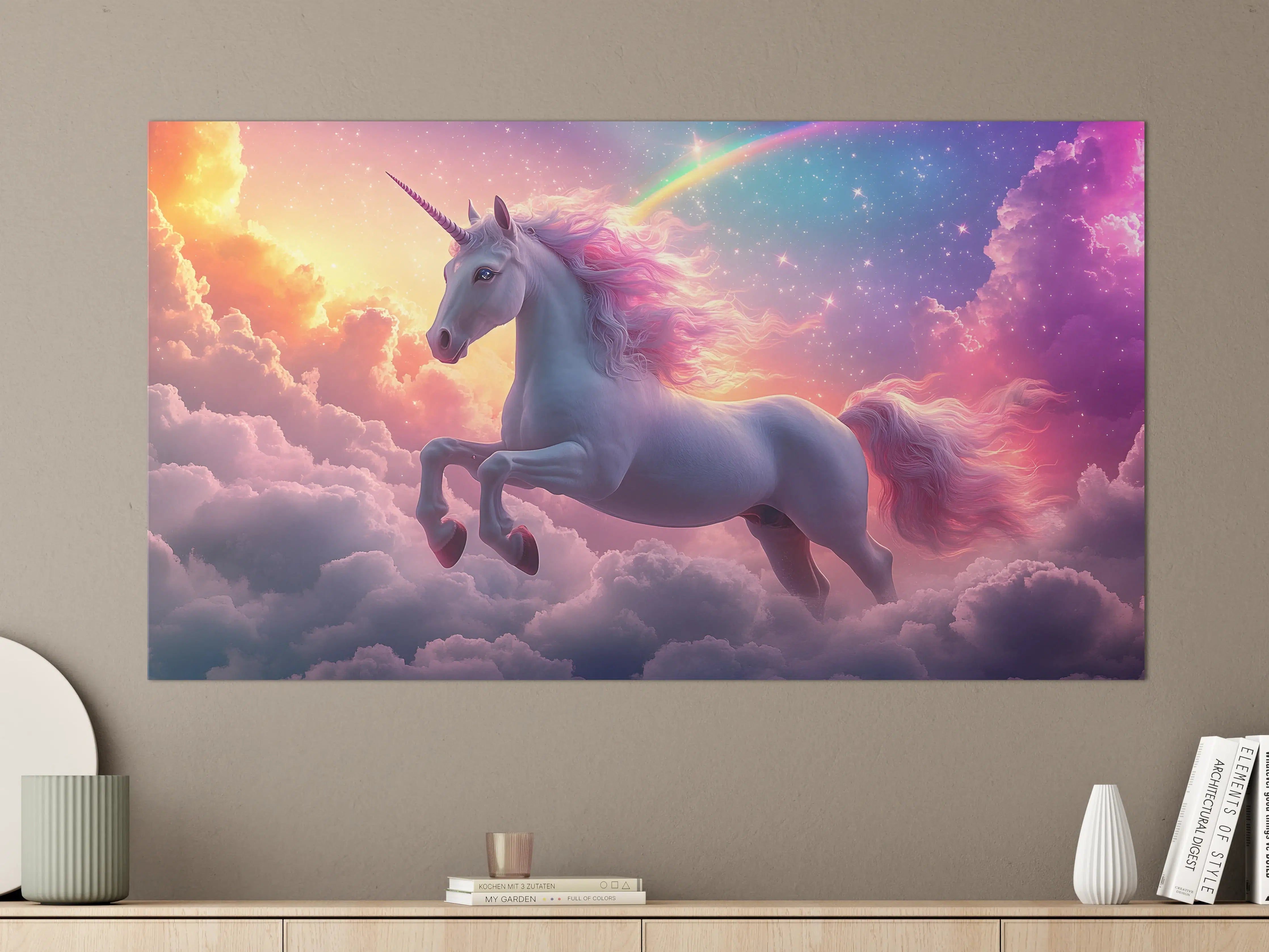 Große Wandbilder - Verzauberter Einhorn-Himmel in Grau- und Regenbogentönen