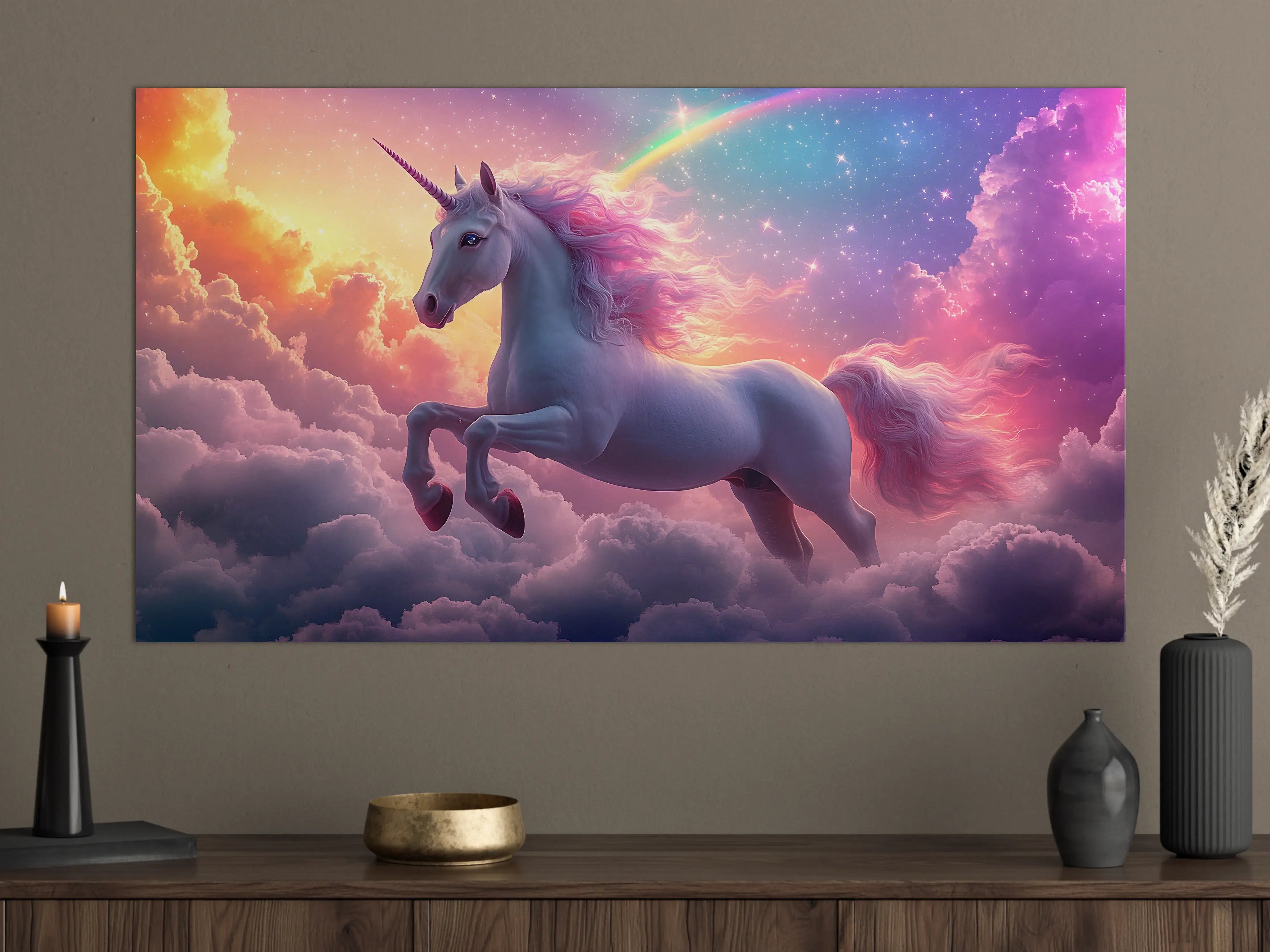 Große Wandbilder - Verzauberter Einhorn-Himmel in Grau- und Regenbogentönen