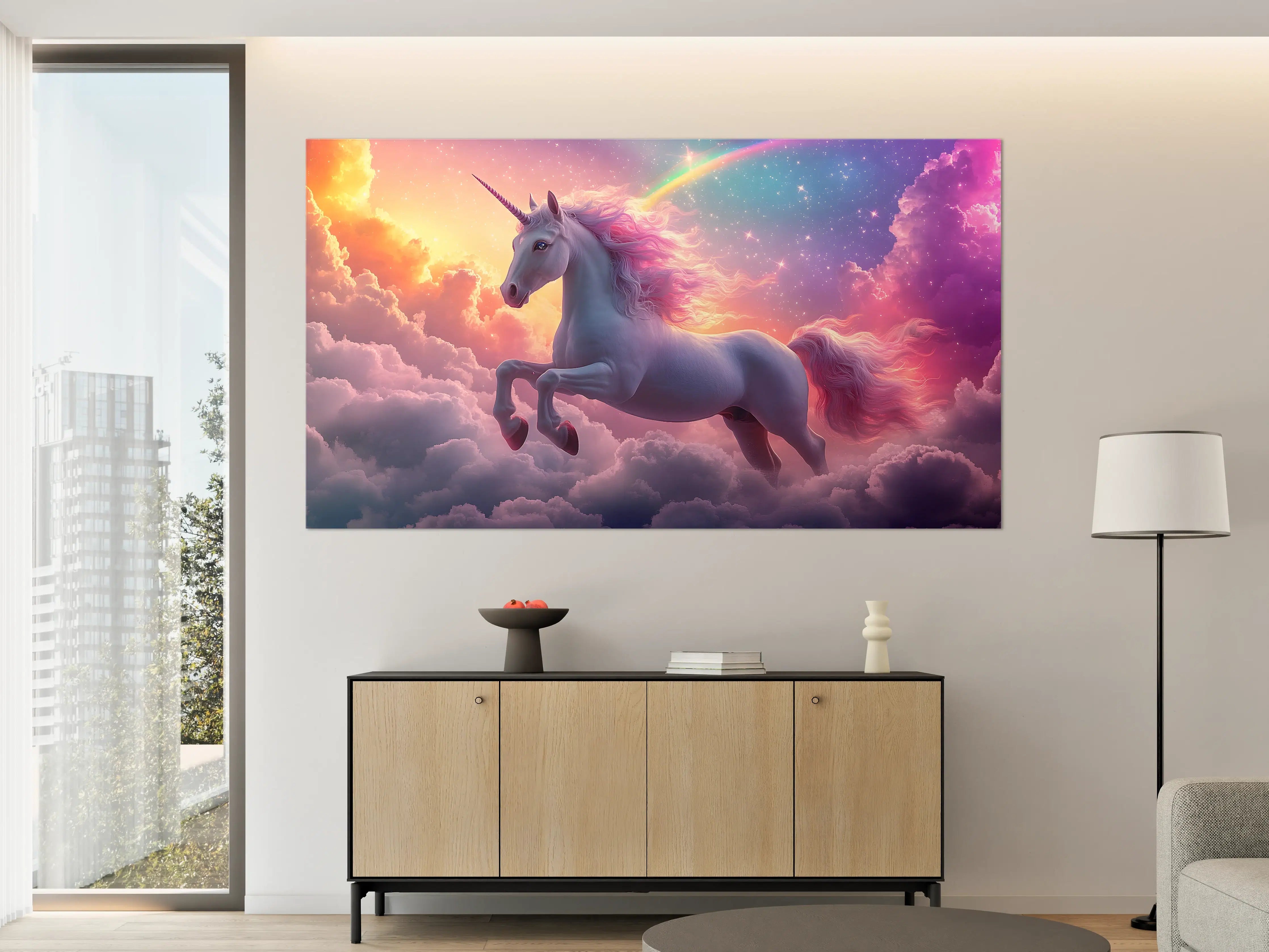 Große Wandbilder - Verzauberter Einhorn-Himmel in Grau- und Regenbogentönen