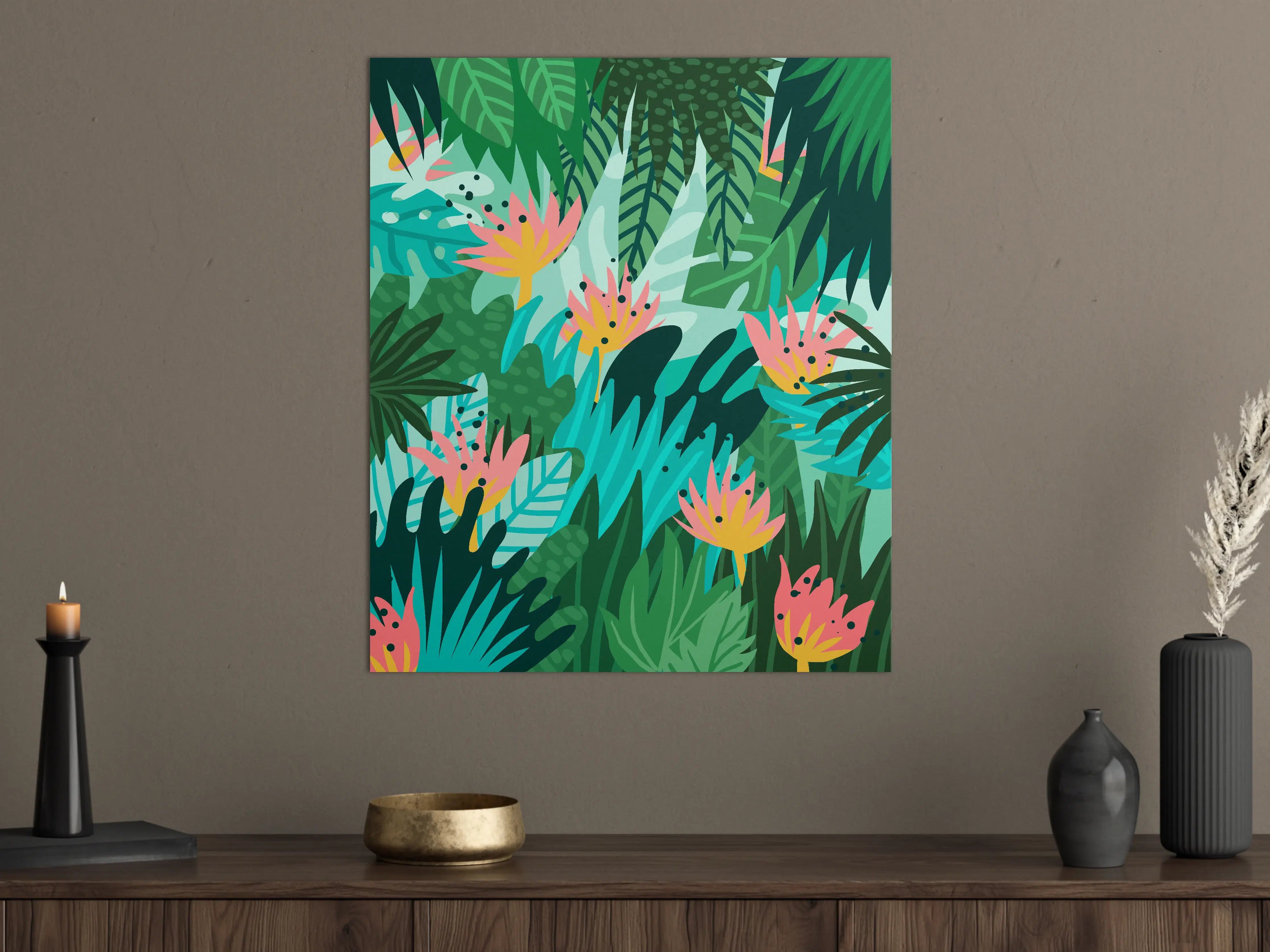 Große Wandbilder - Vibrantes Dschungel-Motiv mit tropischen Blumen