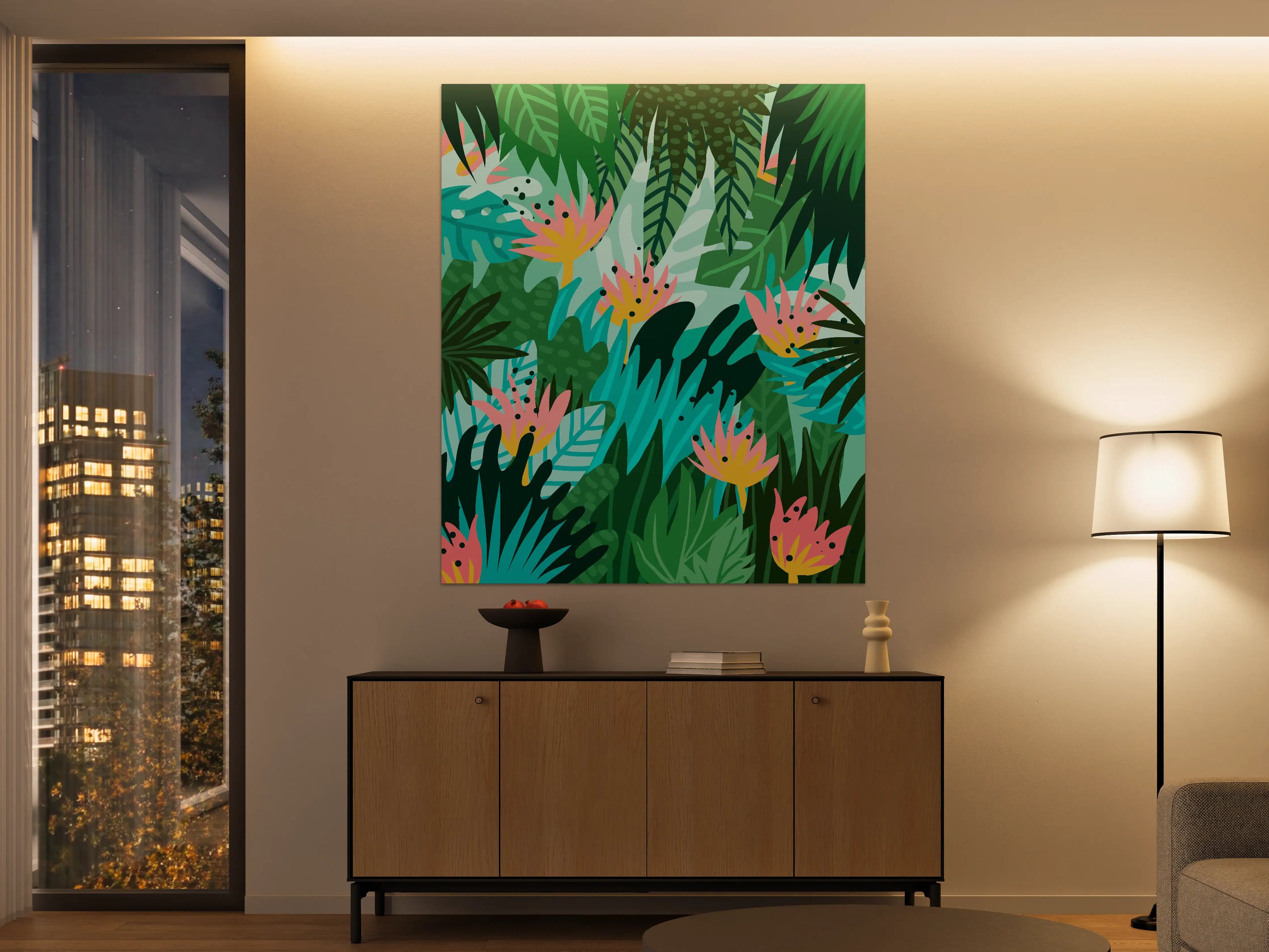 Große Wandbilder - Vibrantes Dschungel-Motiv mit tropischen Blumen