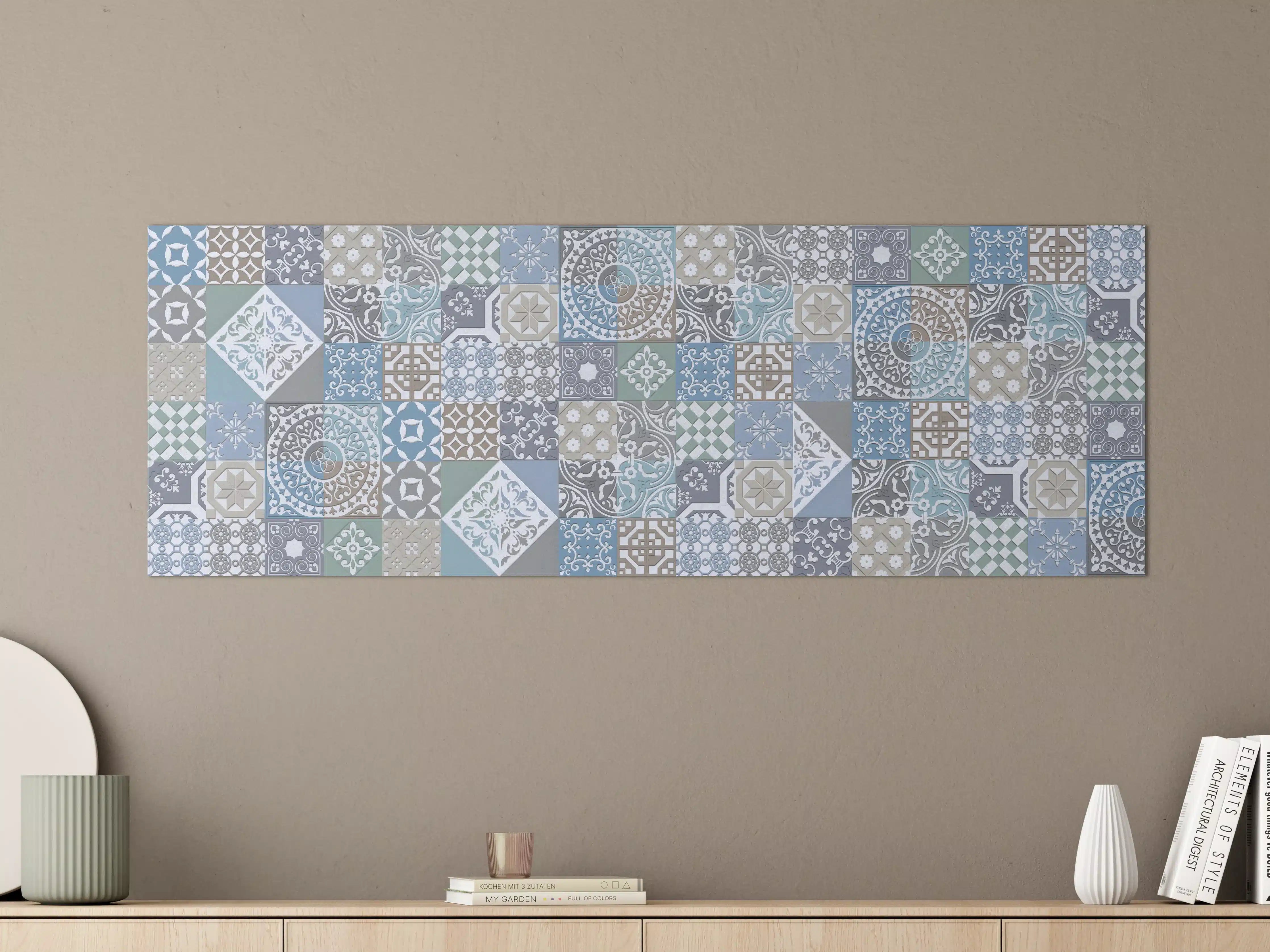 Große Wandbilder - Vielfältige Fliesen in Blau, Grau & Beige