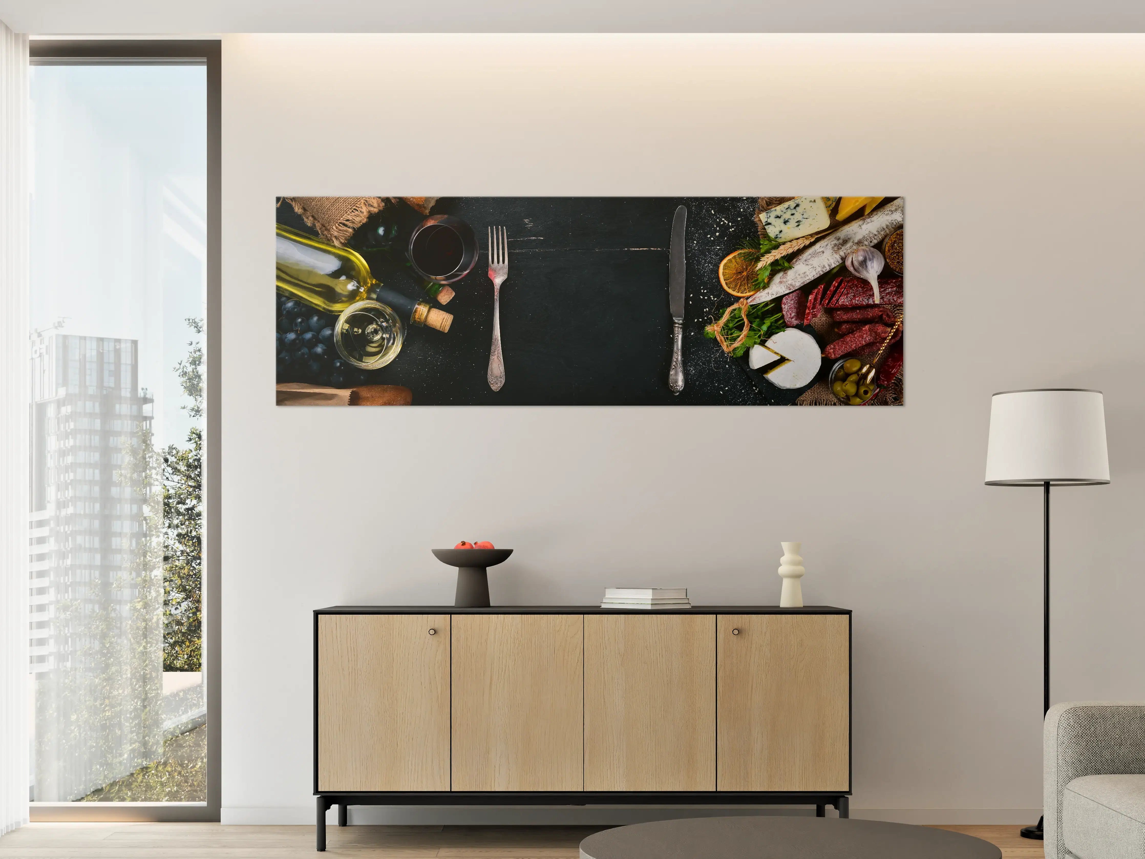Große Wandbilder - Vielseitiger Gourmet-Tisch mit Wein und Käse