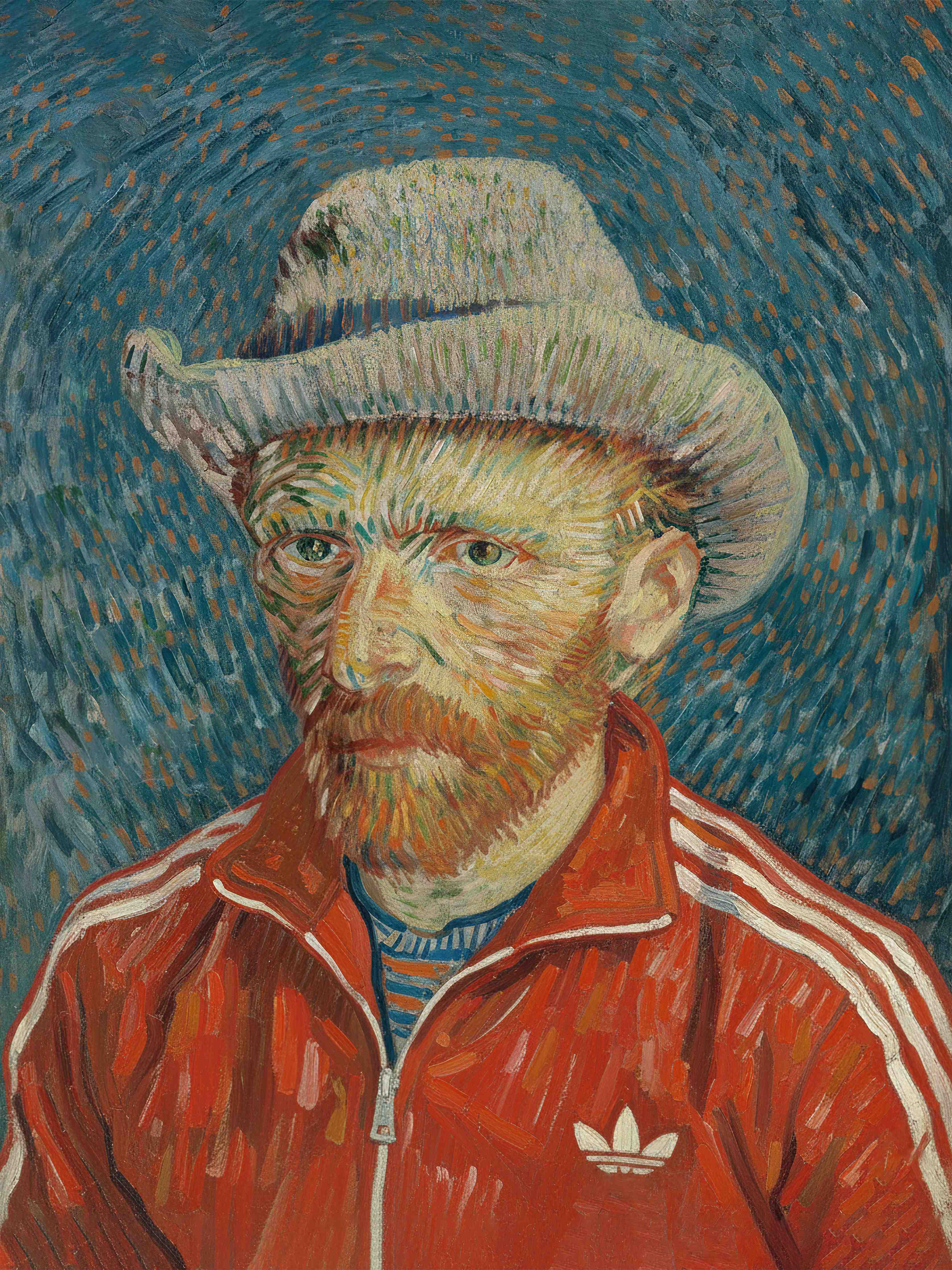 Große Wandbilder-Vincent van Gogh Stilporträt mit rotem Adidas-Trainingsanzug und Melone