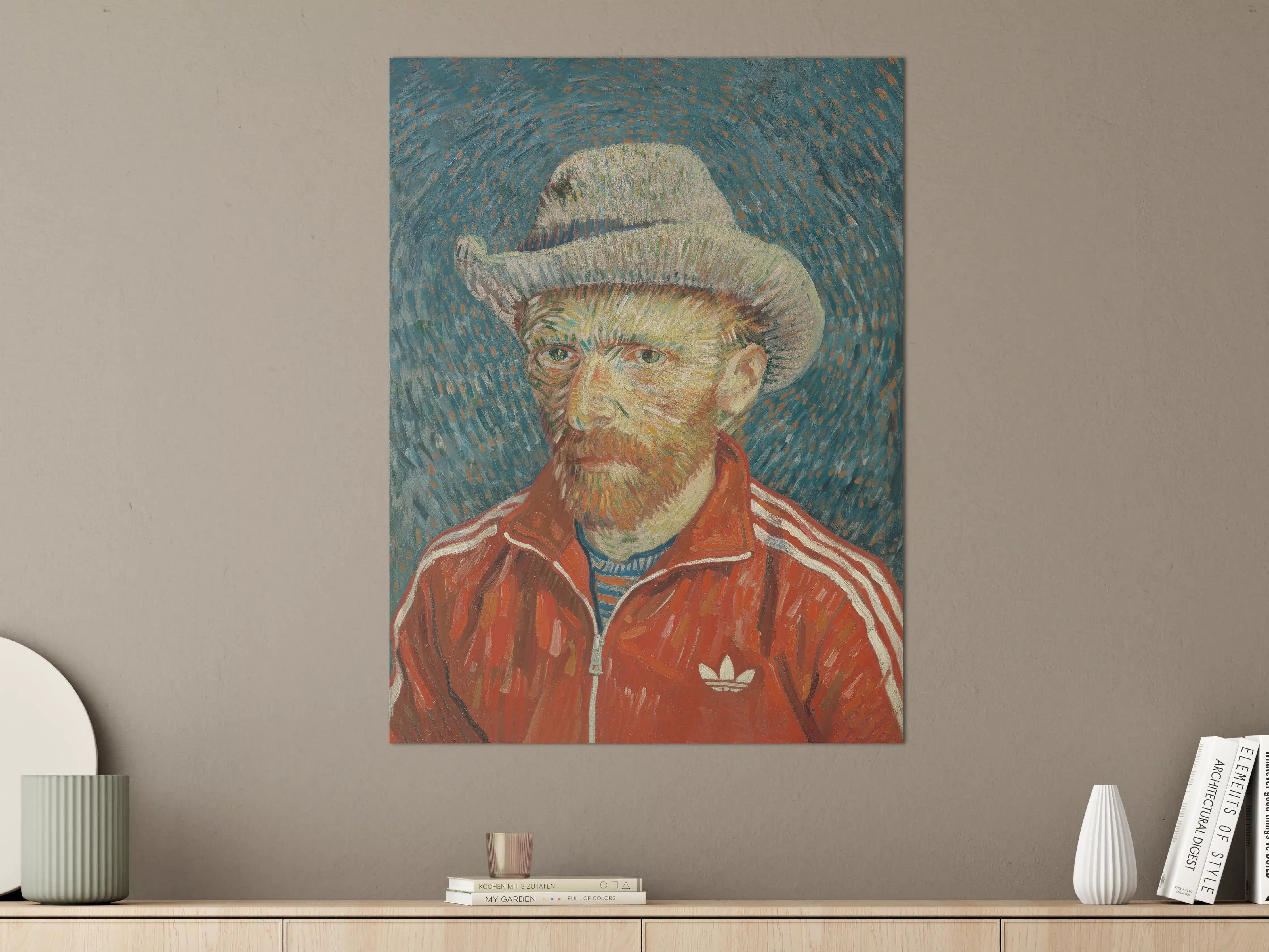 Große Wandbilder - Vincent van Gogh Stilporträt mit rotem Adidas-Trainingsanzug und Melone